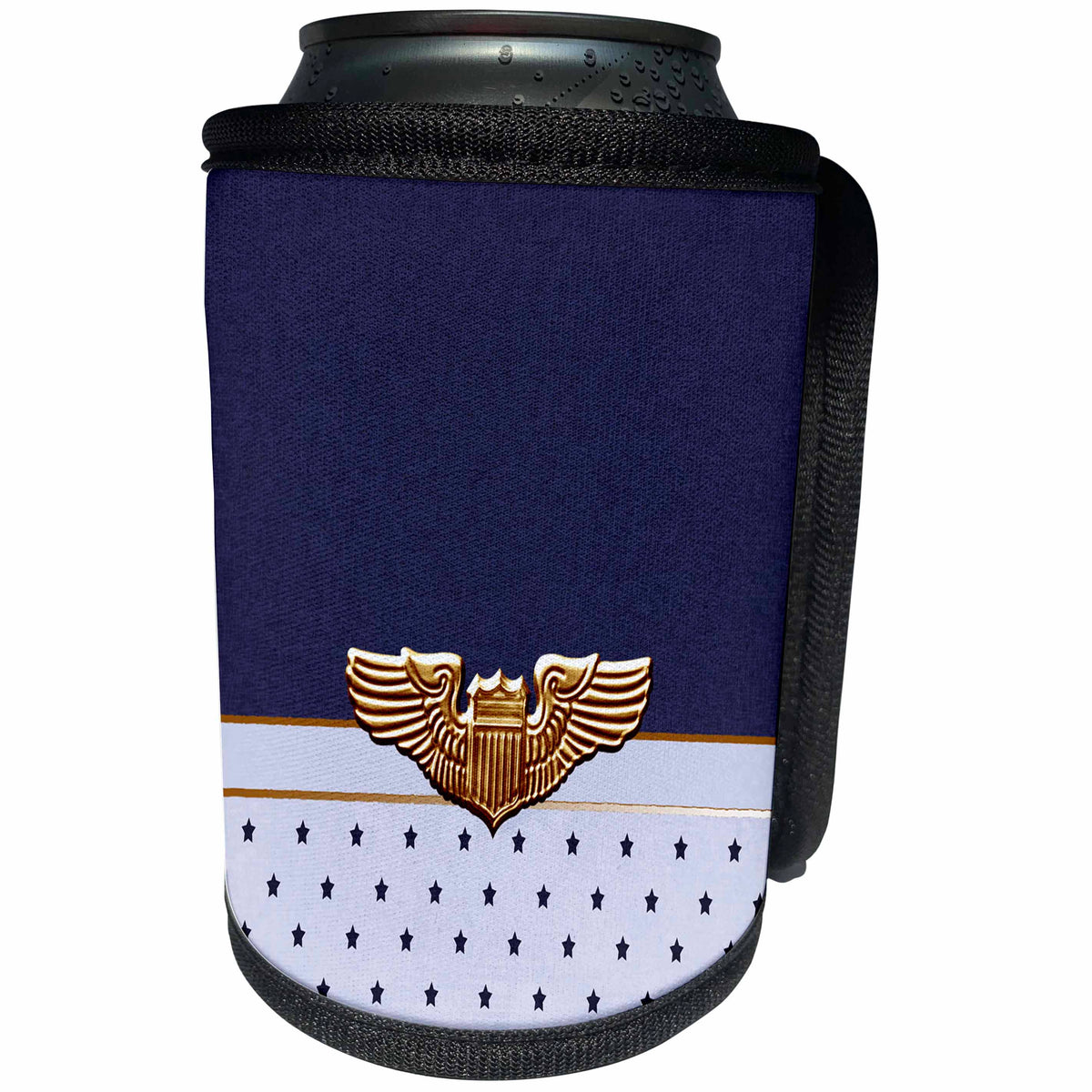3dRose Beverly Turner Military Design - Military Gold Wings on Dark Blue and Light Blue with Dark Blue Stars - Can Cooler Bottle Wrap (cc_244248)