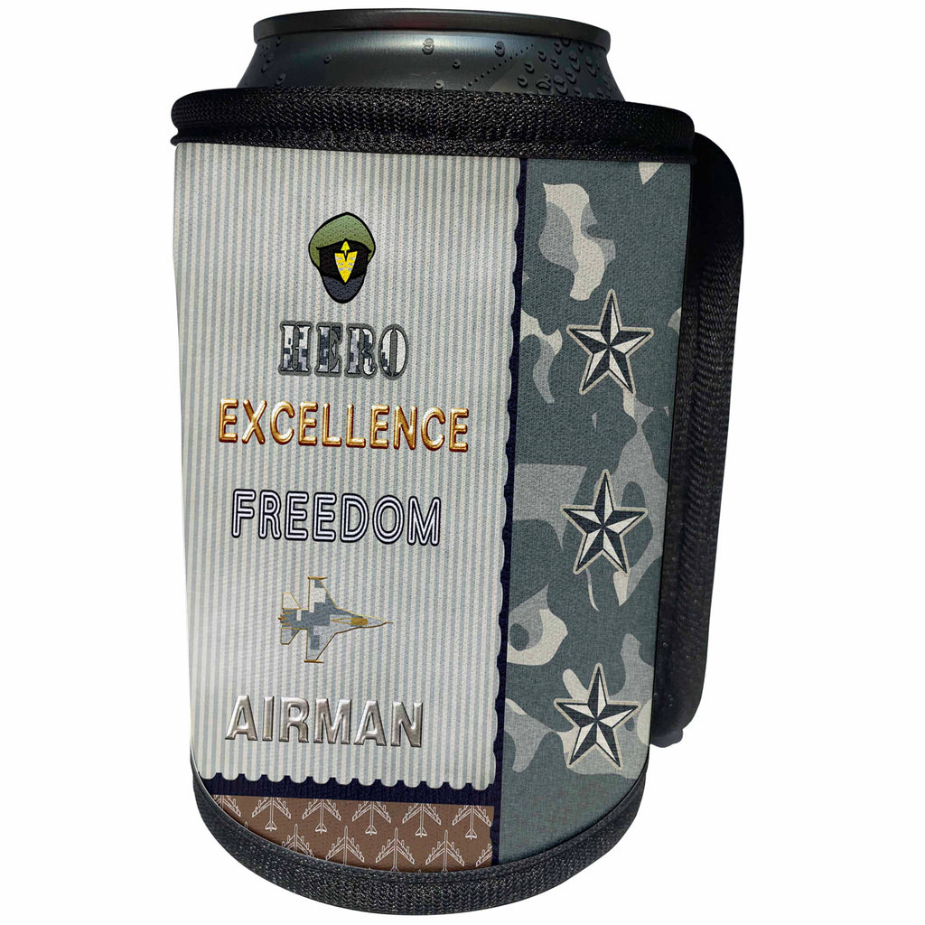 3dRose Beverly Turner Military Design - Cap, Hero, Excellence, Freedom, Jet Plane, Air Force - Can Cooler Bottle Wrap (cc_244253)