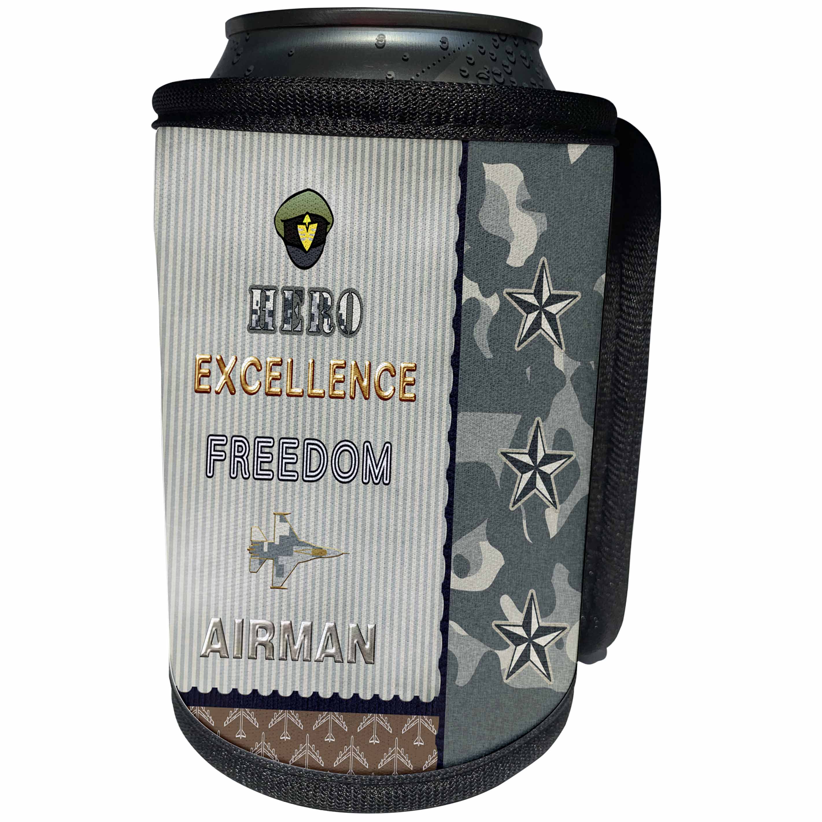 3dRose Beverly Turner Military Design - Cap, Hero, Excellence, Freedom, Jet Plane, Air Force - Can Cooler Bottle Wrap (cc_244253)