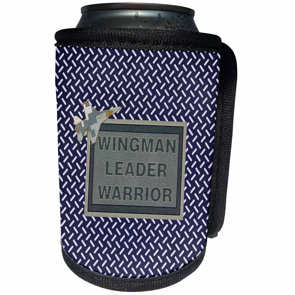 3dRose Beverly Turner Military Design - Jet Plane, Wing man Warrior Leader, Dark Blue Metal Look - Can Cooler Bottle Wrap (cc_244254)
