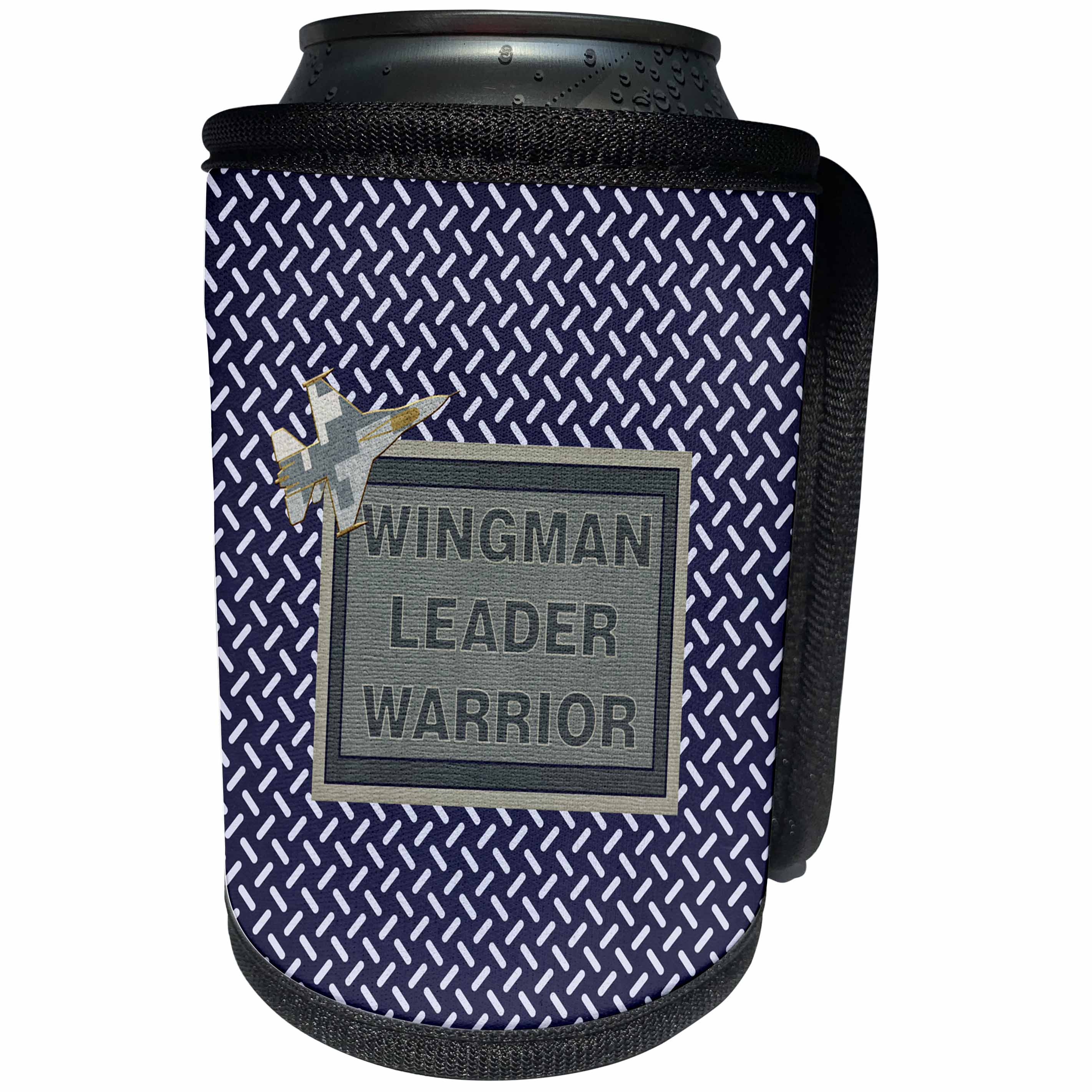 3dRose Beverly Turner Military Design - Jet Plane, Wing man Warrior Leader, Dark Blue Metal Look - Can Cooler Bottle Wrap (cc_244254)