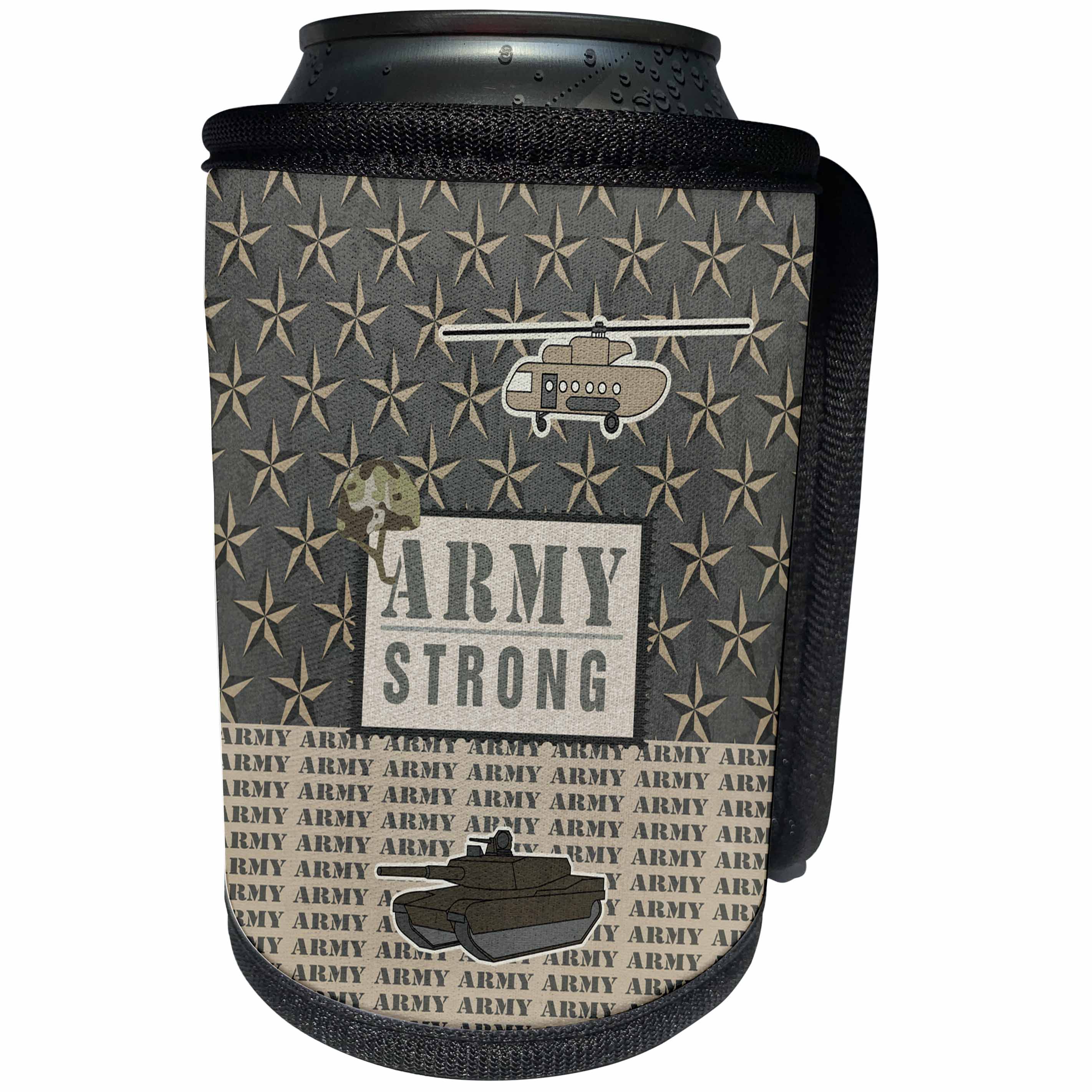 3dRose Beverly Turner Military Design - Army Proud, Helicopter, Tank, Helmet, stars, Gray, Blue, Tan - Can Cooler Bottle Wrap (cc_244256)