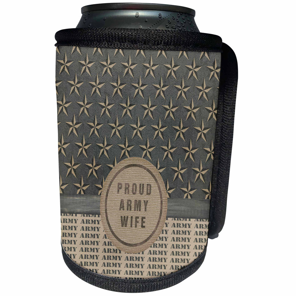 3dRose Beverly Turner Military Design - Proud Army Wife, Stars, Blue Gray, Tan - Can Cooler Bottle Wrap (cc_244257)