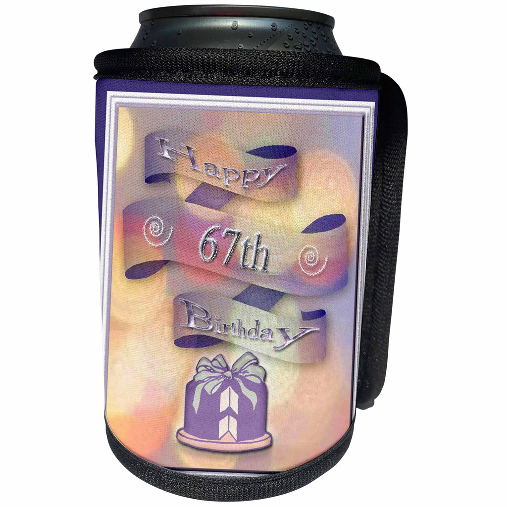 3dRose Beverly Turner Birthday Design - Ribbon and Cake Happy 67th Birthday - Can Cooler Bottle Wrap (cc_24426)