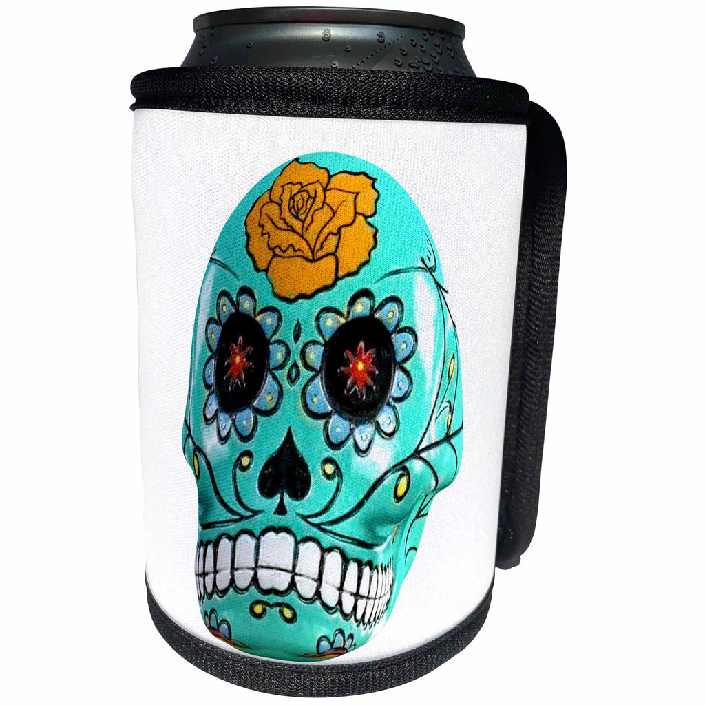 3dRose Boehm Graphics Holiday Carnival and Mardi Gras - Candy Skull in Aqua for Day of the Dead - Can Cooler Bottle Wrap (cc_244274)