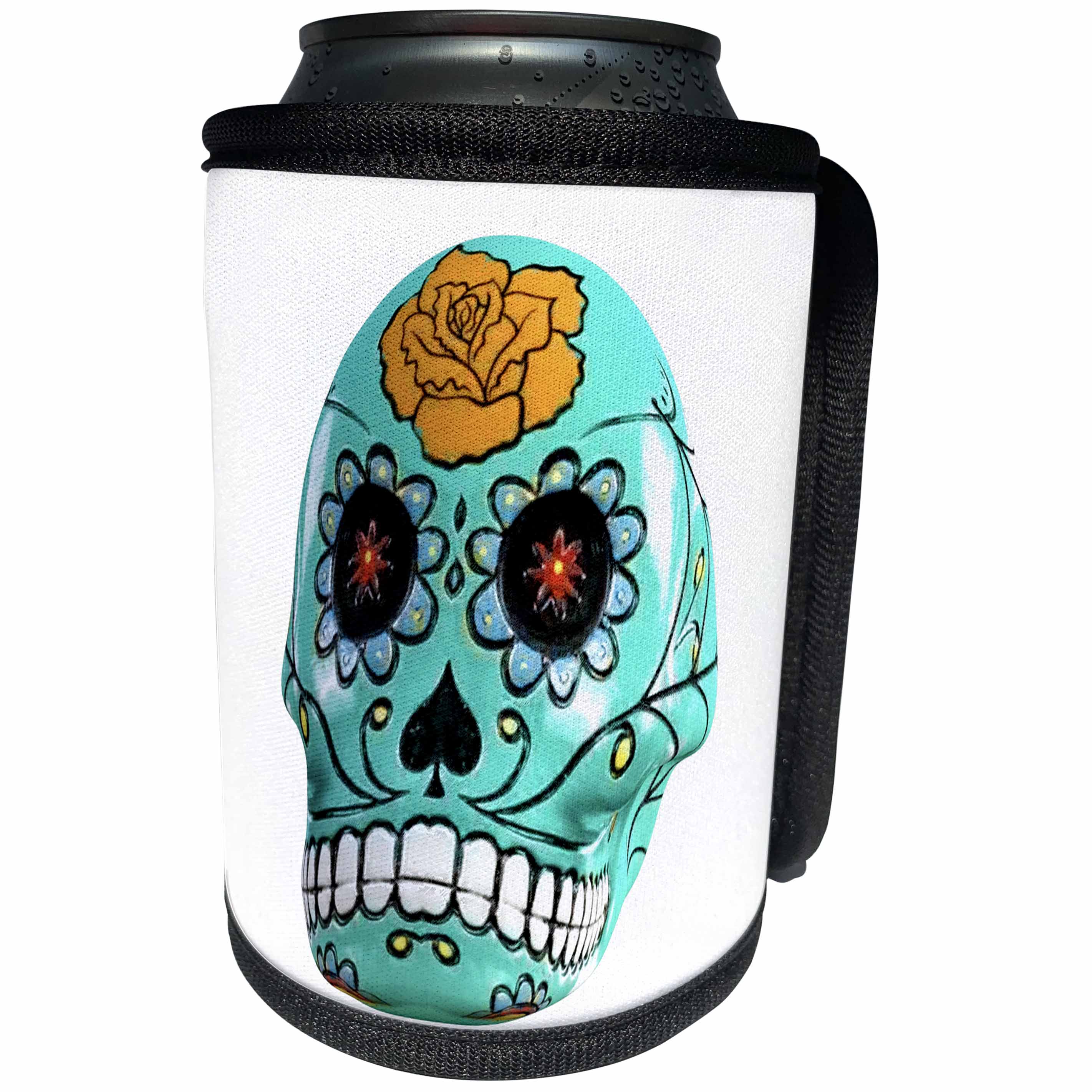 3dRose Boehm Graphics Holiday Carnival and Mardi Gras - Candy Skull in Aqua for Day of the Dead - Can Cooler Bottle Wrap (cc_244274)