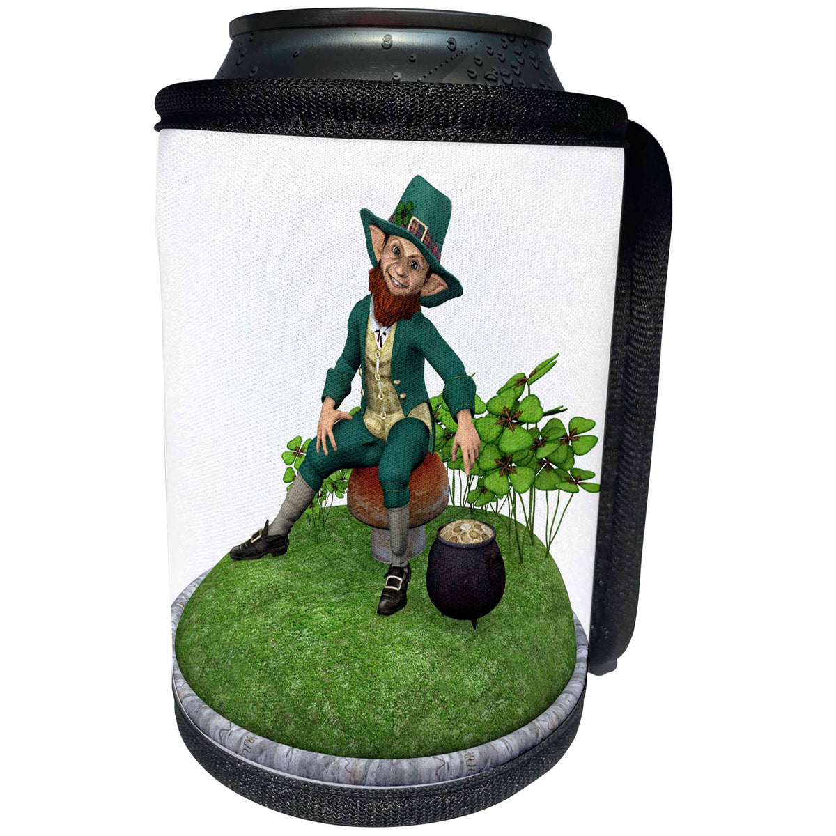 3dRose Boehm Graphics Holiday Saint Patricks Day - A Leprechaun on the Grass with His Gold - Can Cooler Bottle Wrap (cc_244282)
