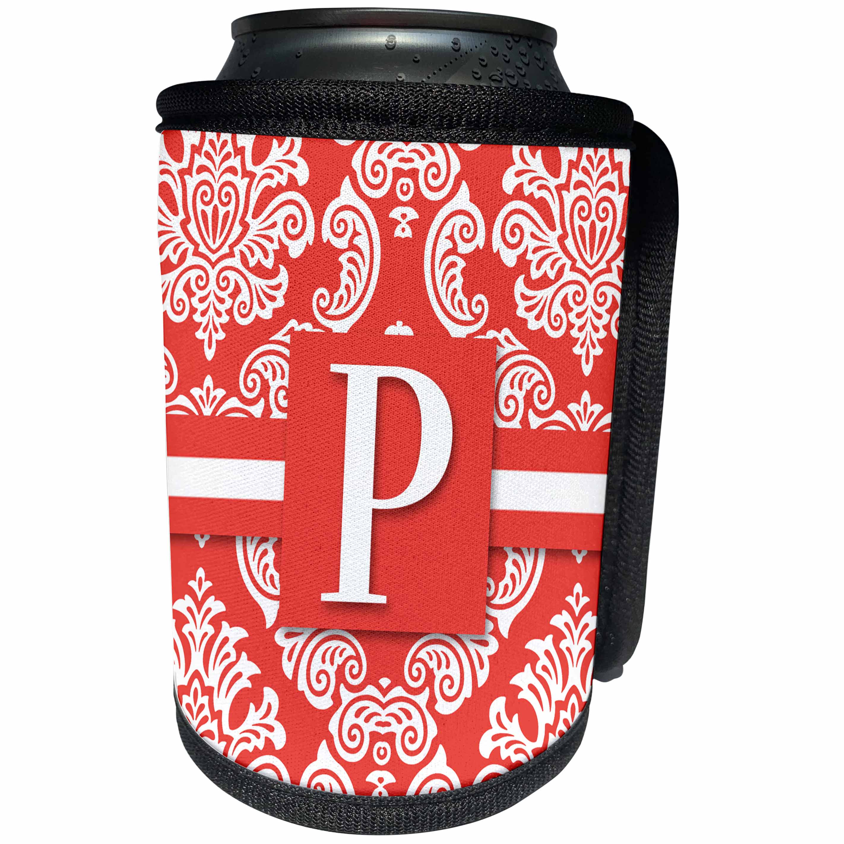 3dRose Doreen Erhardt Monogrammed Collection - Feminine Damask in Pinky Salmon Monogram Letter P - Can Cooler Bottle Wrap (cc_244638)