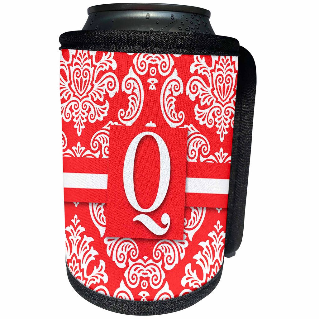 3dRose Doreen Erhardt Monogrammed Collection - Letter Q Monogram in Peach and White Vintage Damask Print - Can Cooler Bottle Wrap (cc_244639)