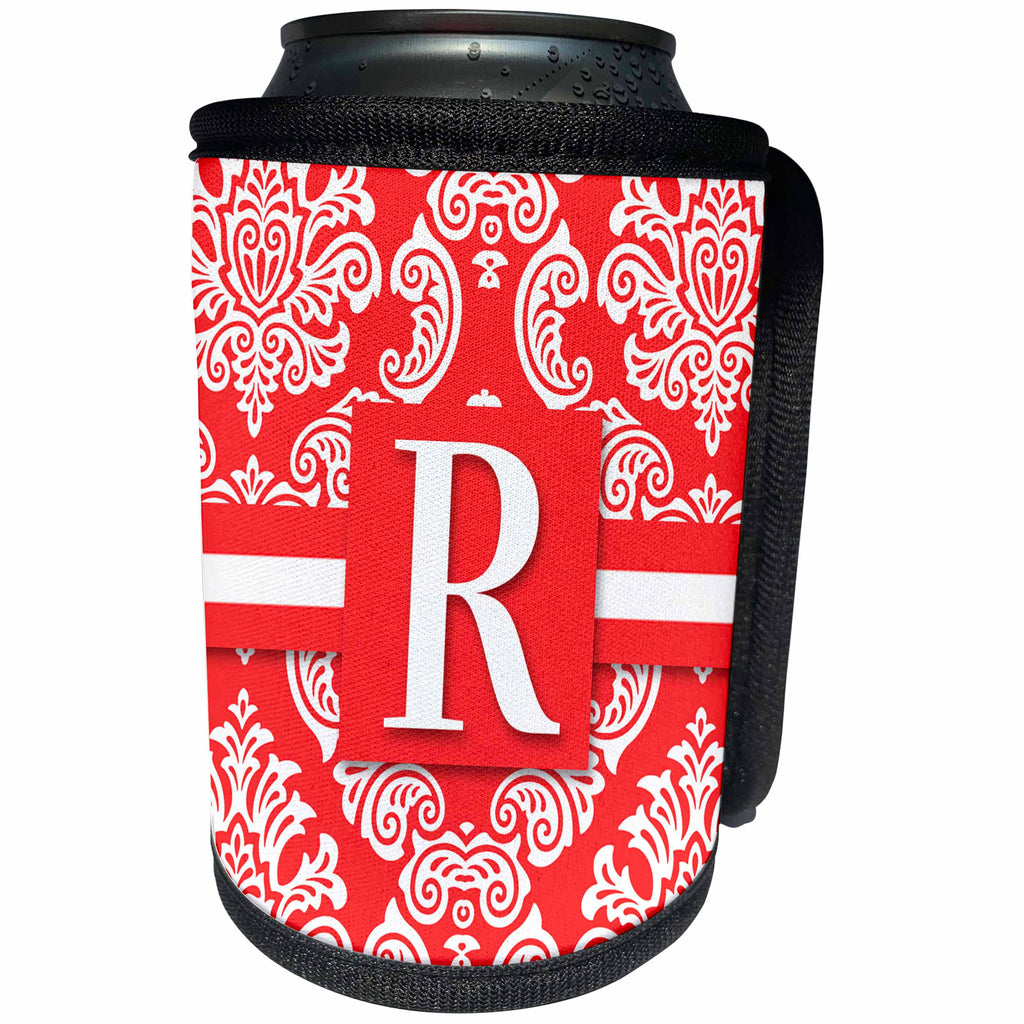 3dRose Doreen Erhardt Monogrammed Collection - Letter R Monogram in Peach and White Vintage Damask Print - Can Cooler Bottle Wrap (cc_244640)