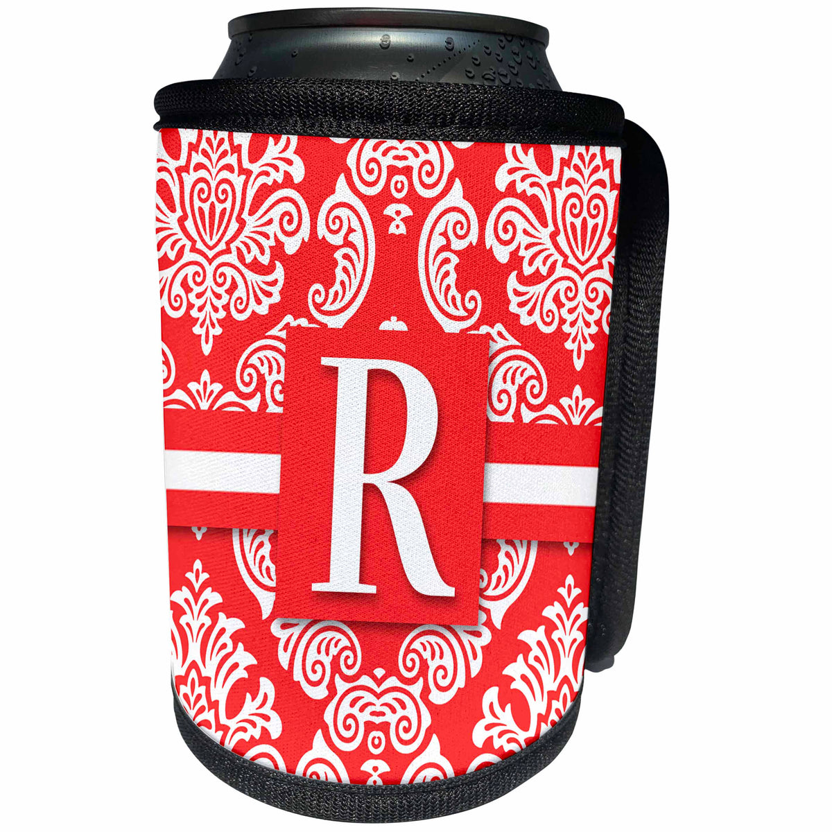 3dRose Doreen Erhardt Monogrammed Collection - Letter R Monogram in Peach and White Vintage Damask Print - Can Cooler Bottle Wrap (cc_244640)