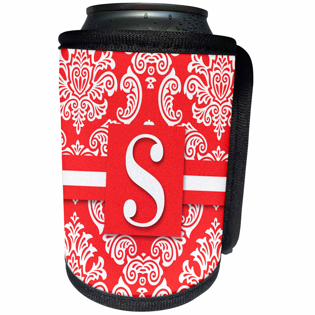 3dRose Doreen Erhardt Monogrammed Collection - Vintage Peach and White Damask with Letter S Monogram - Can Cooler Bottle Wrap (cc_244641)