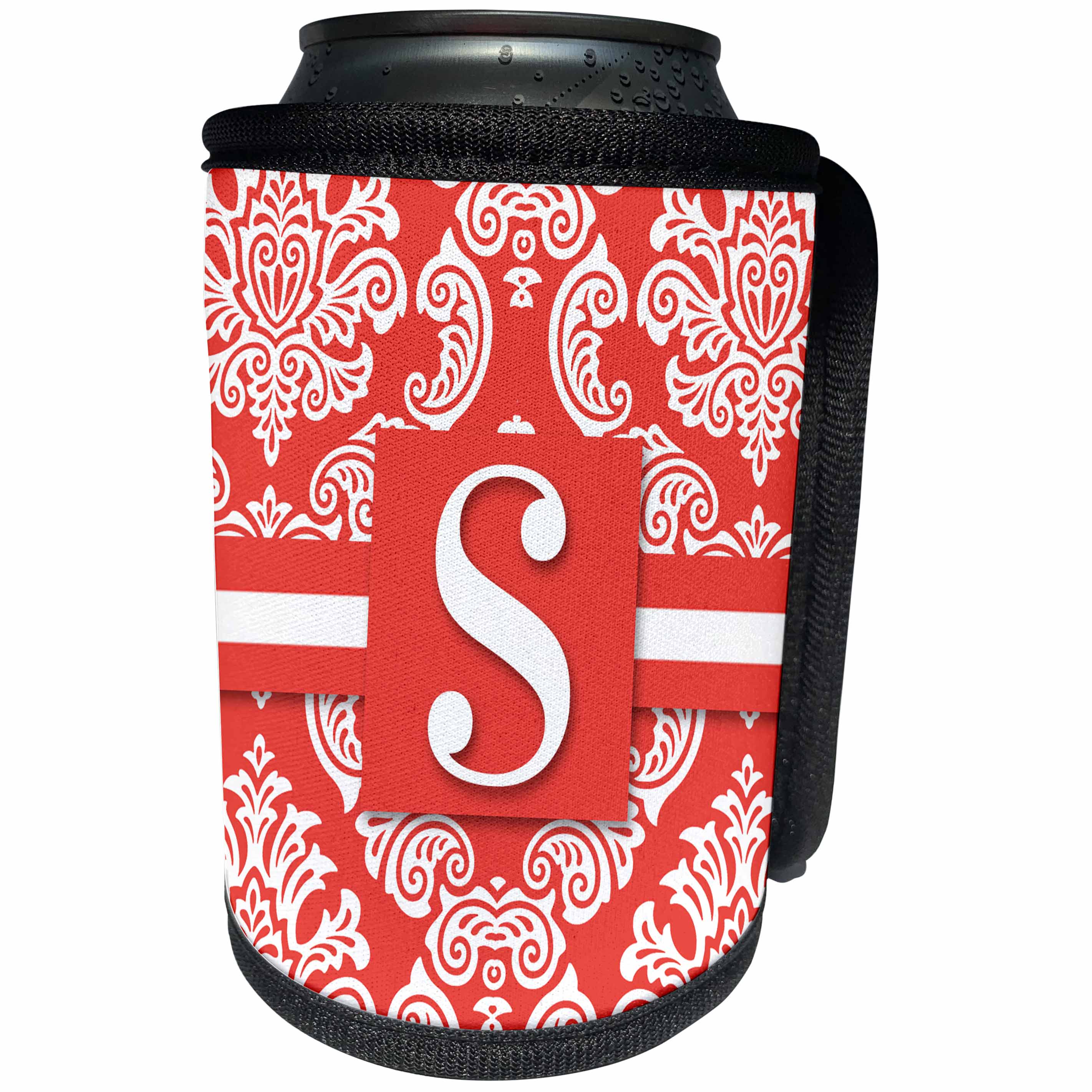 3dRose Doreen Erhardt Monogrammed Collection - Vintage Peach and White Damask with Letter S Monogram - Can Cooler Bottle Wrap (cc_244641)