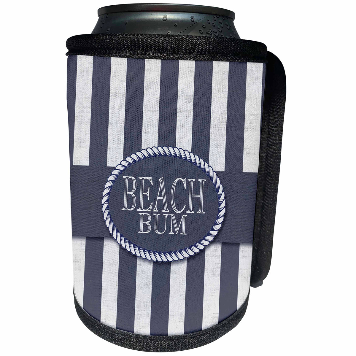 3dRose Doreen Erhardt Beach Collection - Nautical Themed Beach Bum in Distressed Navy Blue Stripes - Can Cooler Bottle Wrap (cc_244647)