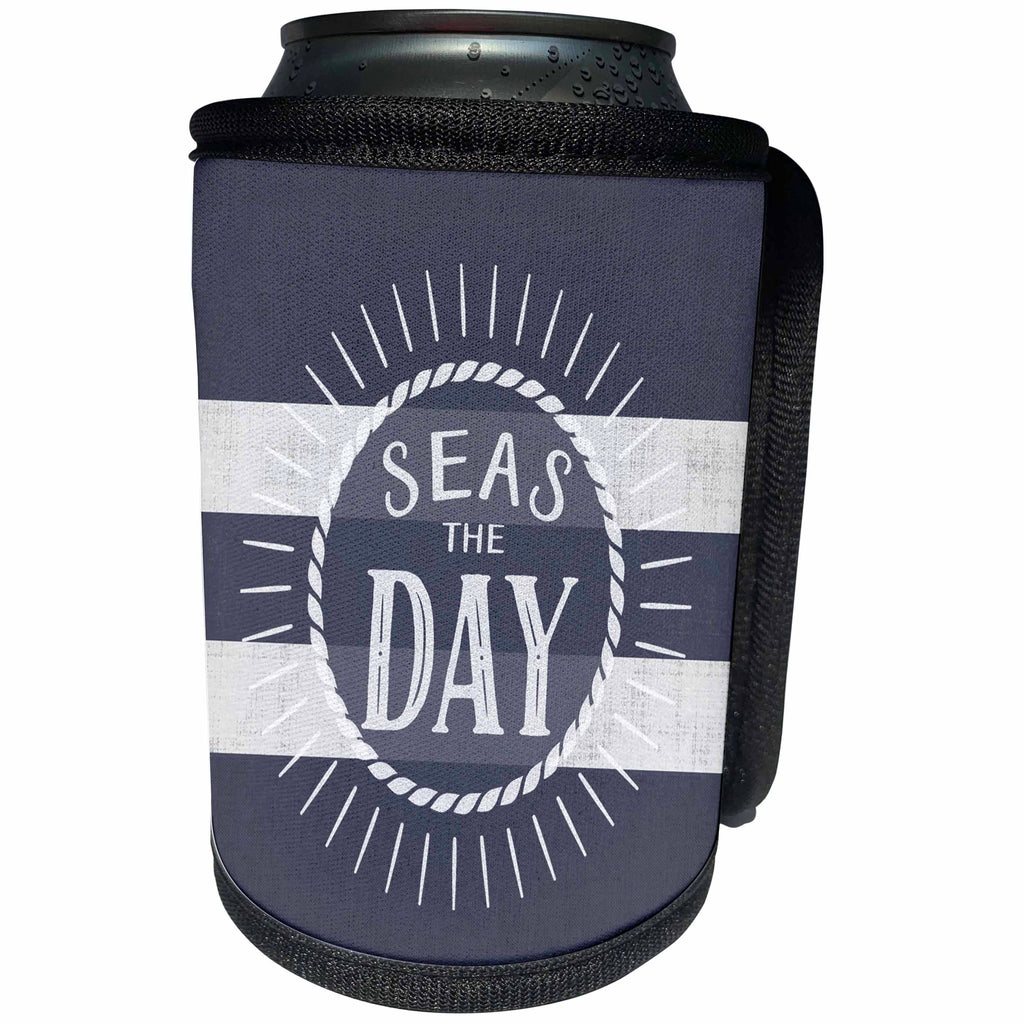 3dRose Doreen Erhardt Beach Collection - Seas the Day Play on Words Nautical Beach Theme Bold Stripes - Can Cooler Bottle Wrap (cc_244648)