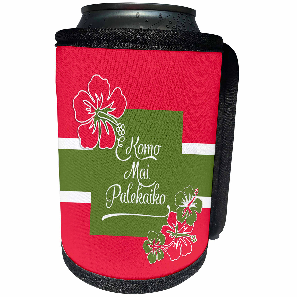 3dRose Doreen Erhardt Tropical - Welcome to Paradise in Hawaiian Hot Pink Hibiscus with Stripes - Can Cooler Bottle Wrap (cc_244651)