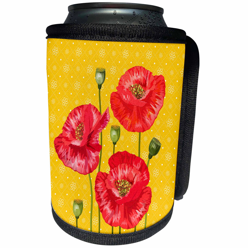 3dRose Doreen Erhardt Floral - Bright Red Poppies on a Yellow and White Floral Print - Can Cooler Bottle Wrap (cc_244653)