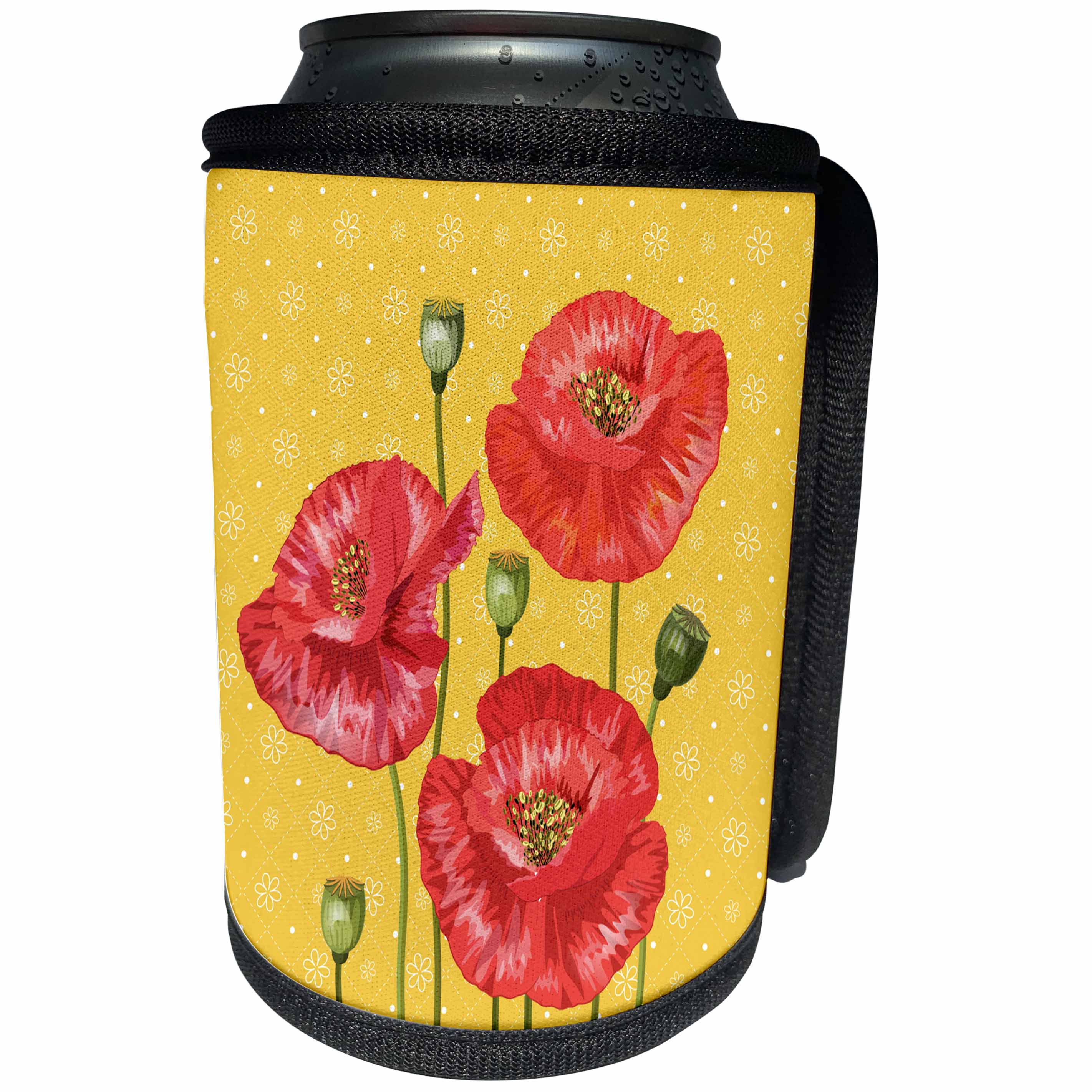 3dRose Doreen Erhardt Floral - Bright Red Poppies on a Yellow and White Floral Print - Can Cooler Bottle Wrap (cc_244653)
