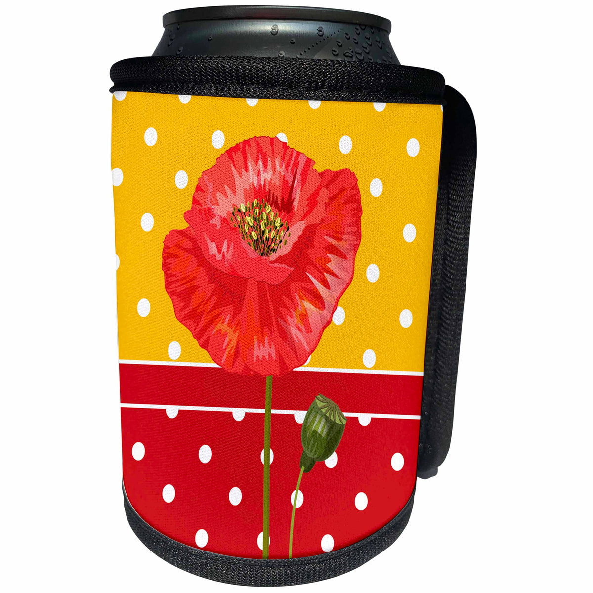 3dRose Doreen Erhardt Floral - Red and Yellow Polka Dots with a Single Red Poppy - Can Cooler Bottle Wrap (cc_244654)