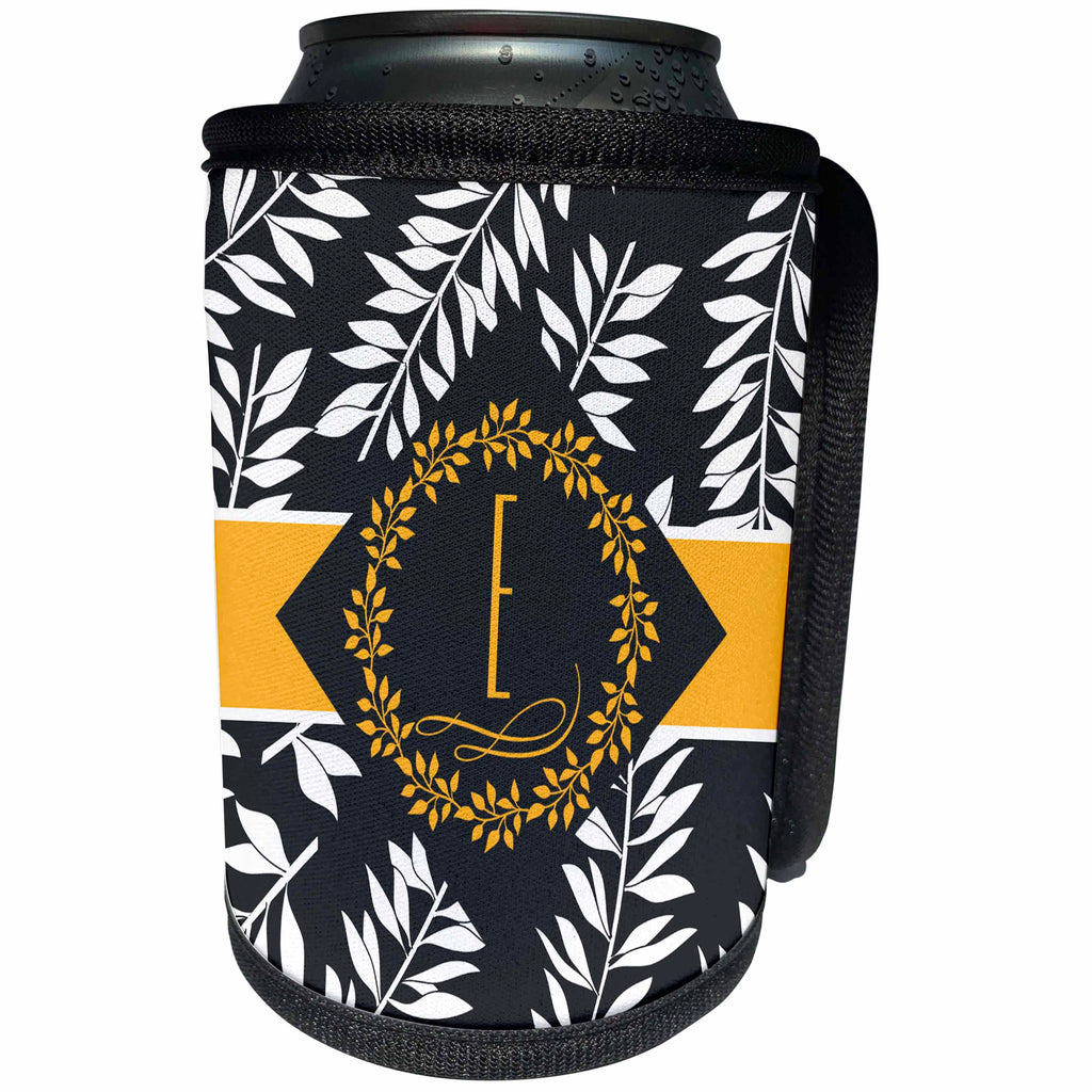 3dRose Doreen Erhardt Monogrammed Collection - Tropical Print in Charcoal White and Yellow with Letter E Monogram - Can Cooler Bottle Wrap (cc_244659)