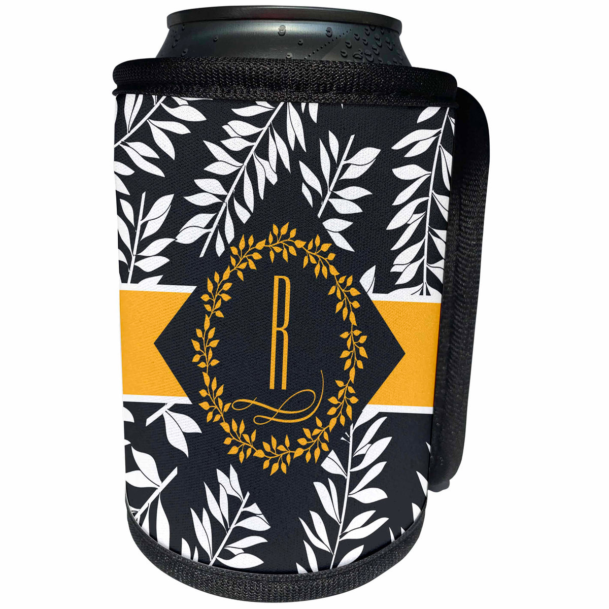 3dRose Doreen Erhardt Monogrammed Collection - Letter R Monogram in a Tropical Charcoal White and Yellow Print - Can Cooler Bottle Wrap (cc_244672)