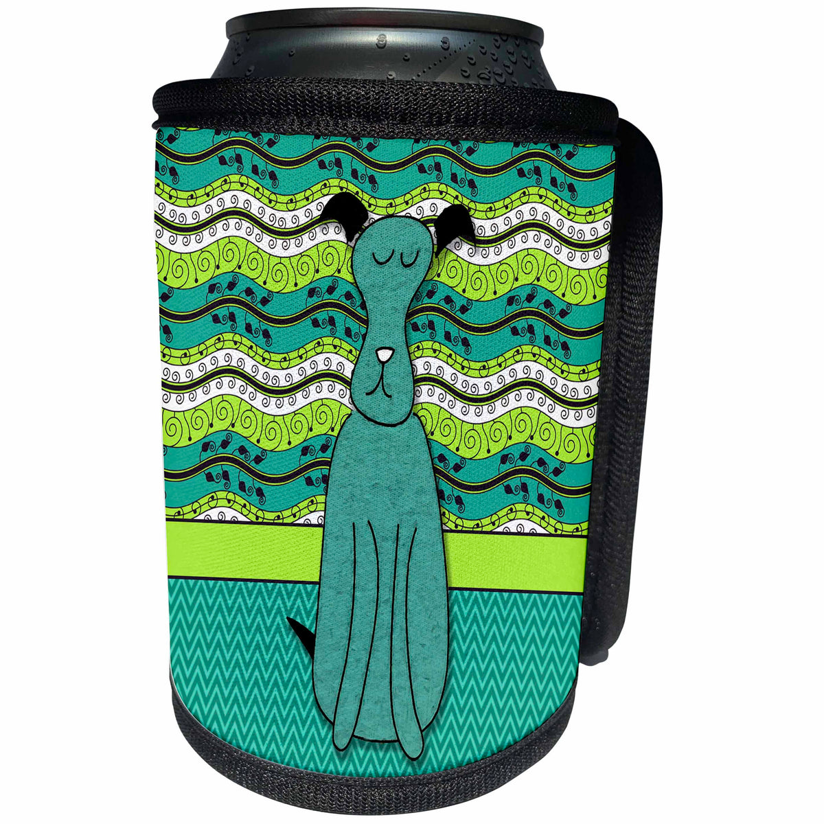 3dRose Doreen Erhardt Dogs - Waves and Chevron Patterns with Illustrated Dog in Greens and Browns - Can Cooler Bottle Wrap (cc_244680)