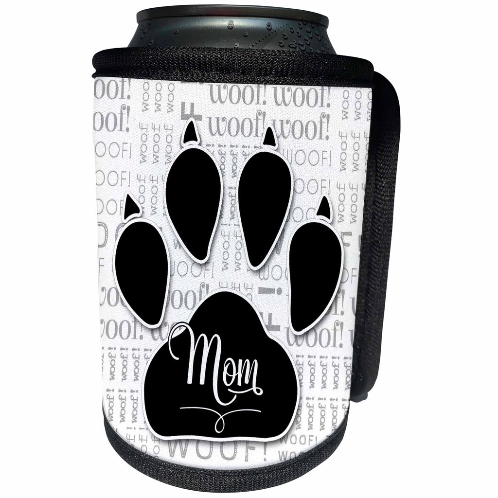 3dRose Doreen Erhardt Dogs - Black Dog Paw Print with MOM and Faded Woof Cloud Bubble - Can Cooler Bottle Wrap (cc_244681)