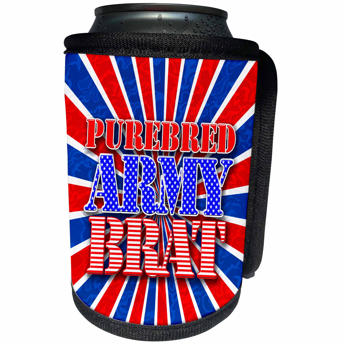 3dRose Doreen Erhardt Patriotic - Purebred Army Brat Stars and Stripes with Red White and Blue Starburst - Can Cooler Bottle Wrap (cc_244685)