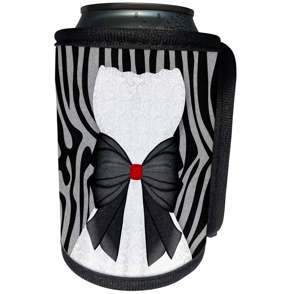 3dRose Doreen Erhardt Animal Print Collection - Fancy White Gown with Black and Silver Gray Animal Print Stripes - Can Cooler Bottle Wrap (cc_244686)
