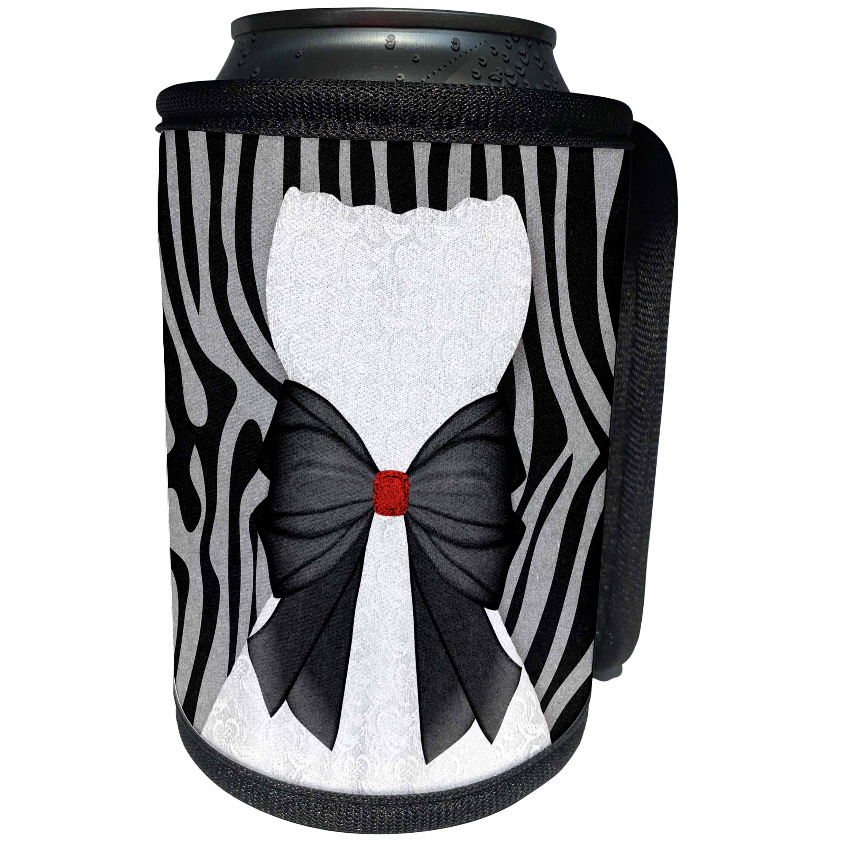 3dRose Doreen Erhardt Animal Print Collection - Fancy White Gown with Black and Silver Gray Animal Print Stripes - Can Cooler Bottle Wrap (cc_244686)