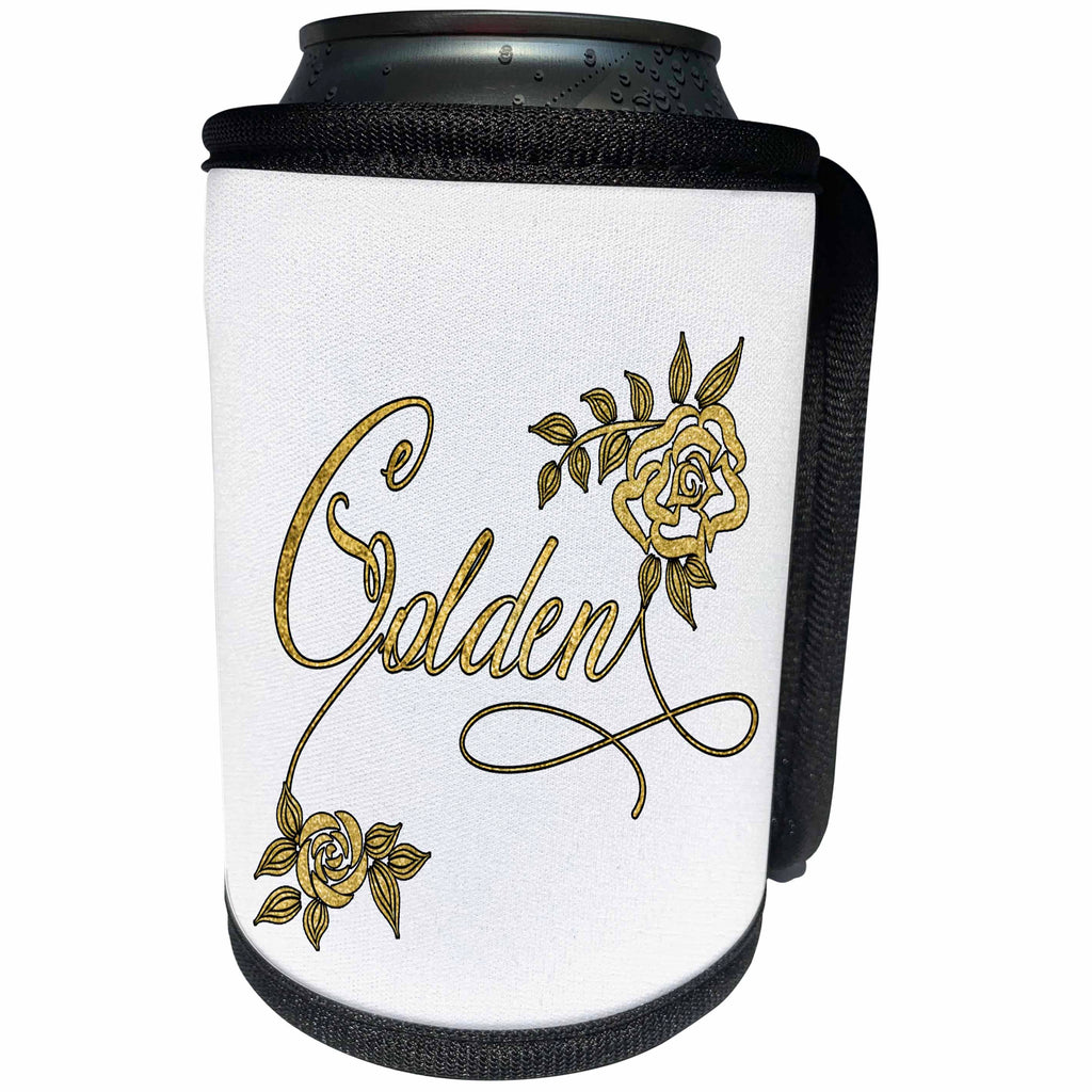 3dRose Doreen Erhardt Wedding Collection - Linen White with Faux Gold Leaf GOLDEN Word Art and Roses Anniversary - Can Cooler Bottle Wrap (cc_244687)