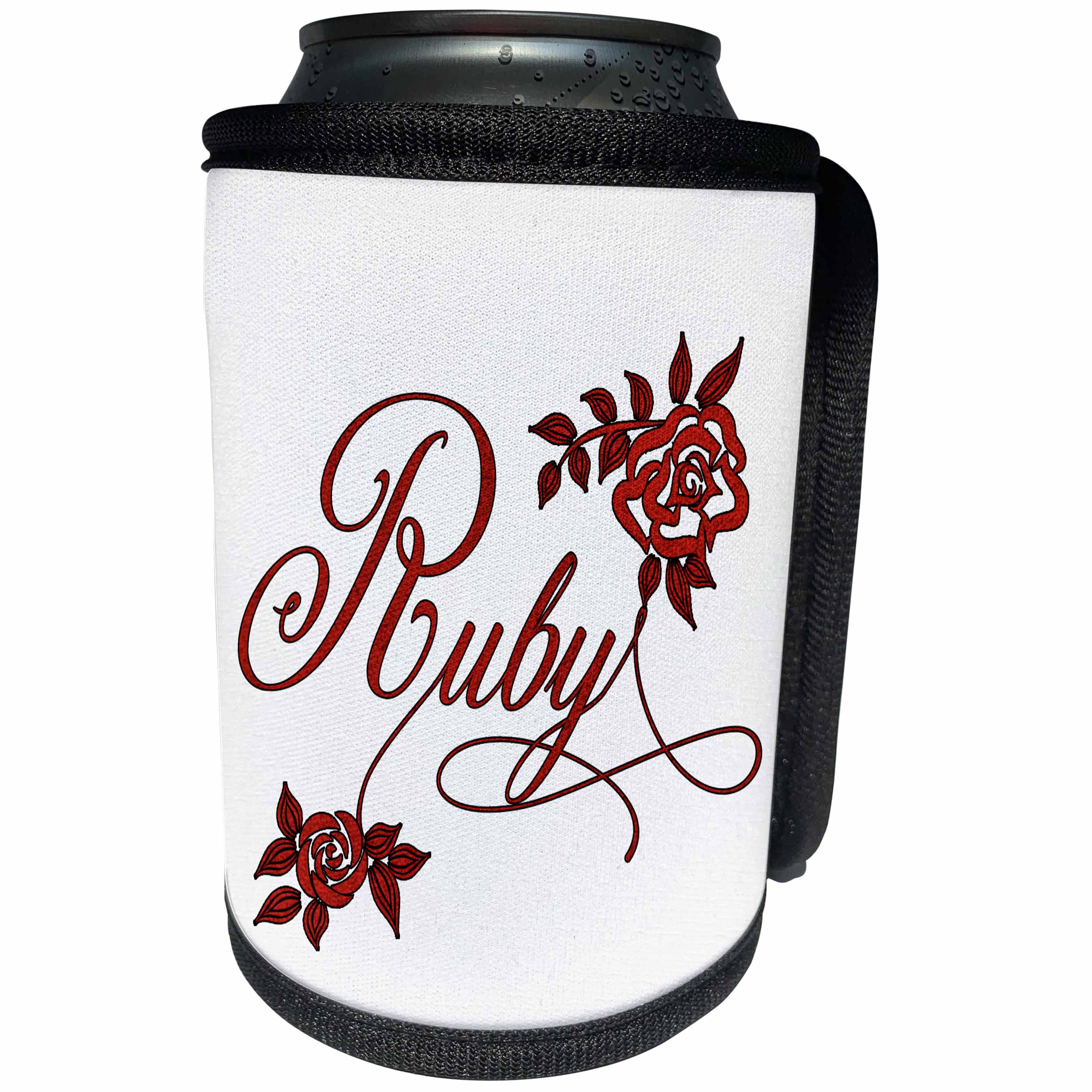 3dRose Doreen Erhardt Wedding Collection - RUBY Red with Roses Wedding or Business Anniversary Word Art - Can Cooler Bottle Wrap (cc_244688)
