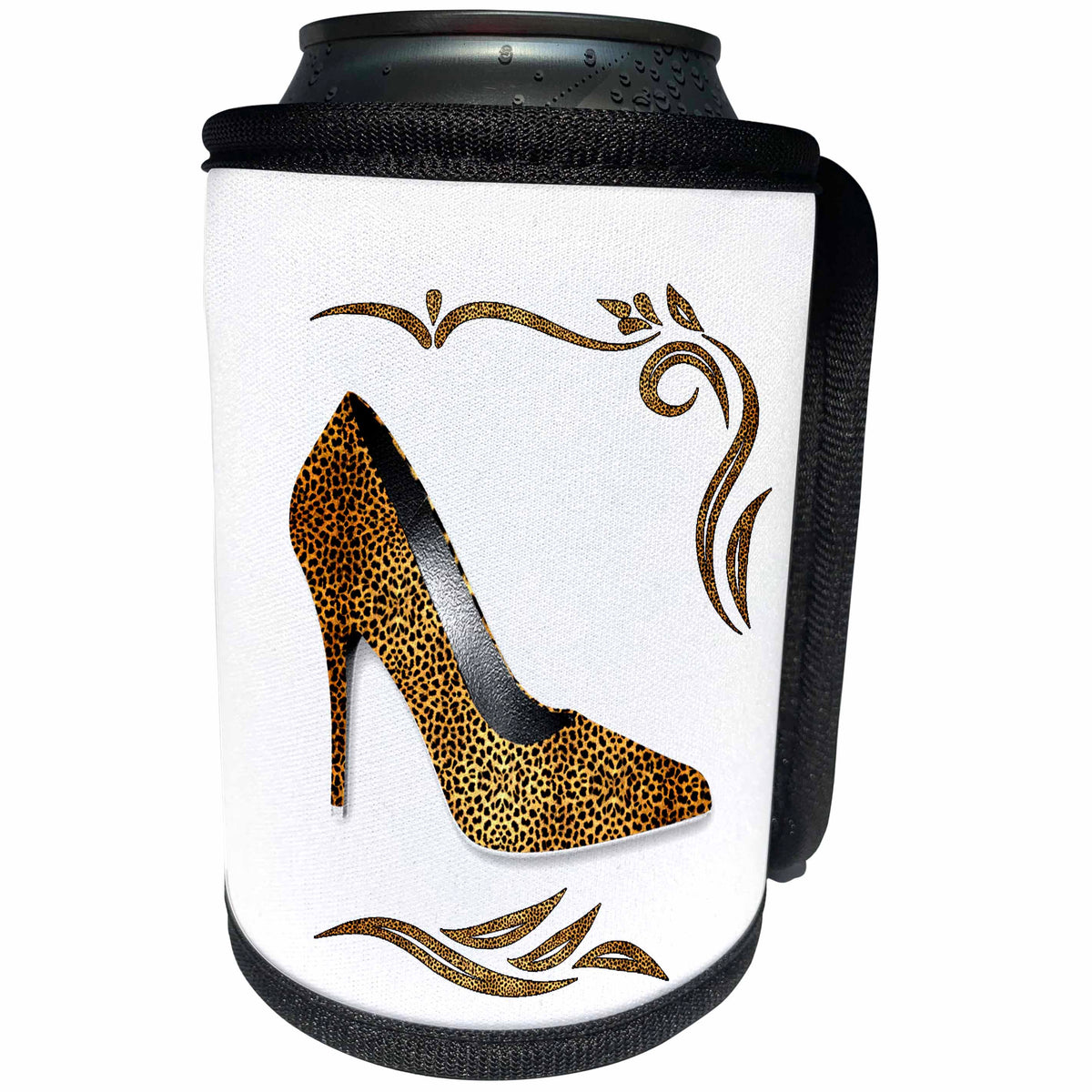 3dRose Doreen Erhardt Animal Print Collection - Flirty Golden Cheetah Print High Heeled Stiletto with Swirls on White - Can Cooler Bottle Wrap (cc_244692)