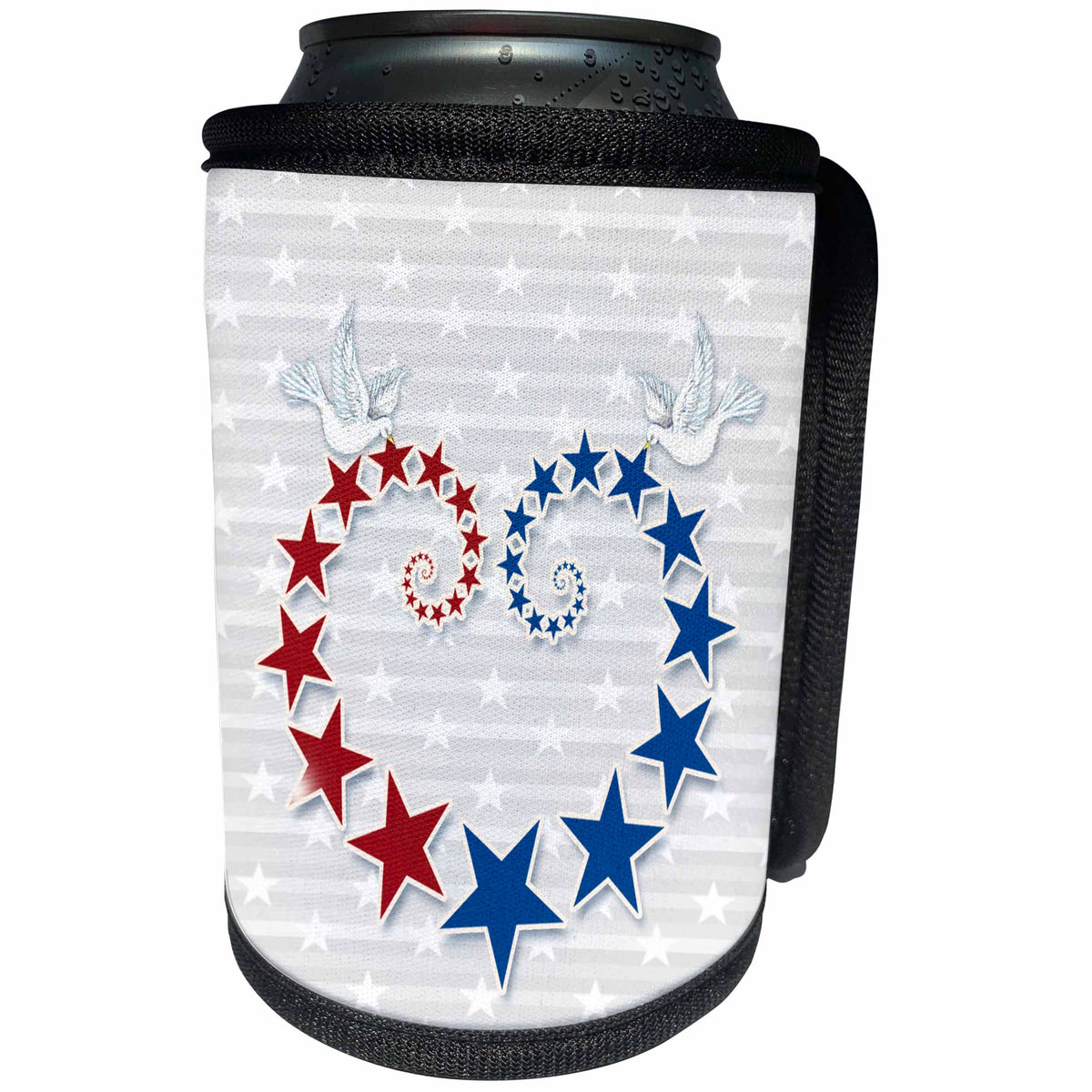 3dRose Doreen Erhardt Patriotic - Two Doves Hold a Red and Blue Star Heart with a White Background - Can Cooler Bottle Wrap (cc_244694)