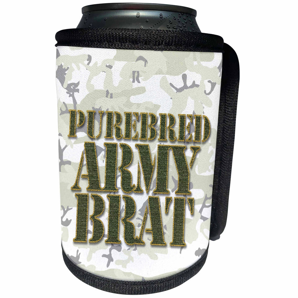 3dRose Doreen Erhardt Patriotic - Purebred Army Brat in Green Gold and Camouflage Military Theme - Can Cooler Bottle Wrap (cc_244696)