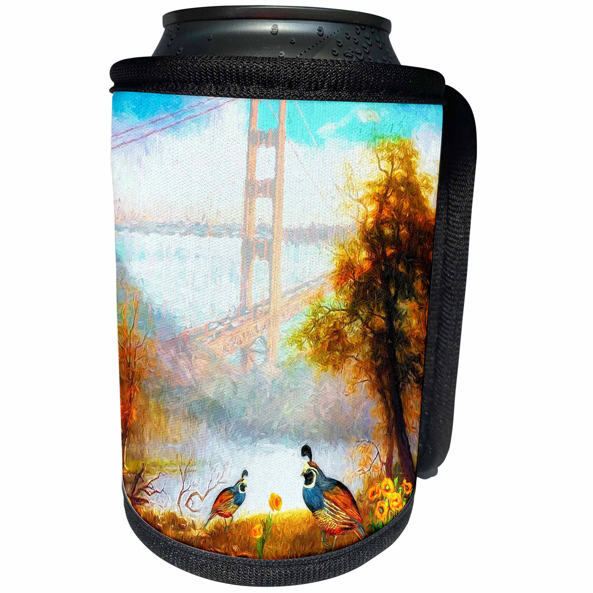3dRose Doreen Erhardt California Collection - California Quail with Poppies and Golden Gate Bridge State Theme - Can Cooler Bottle Wrap (cc_244698)