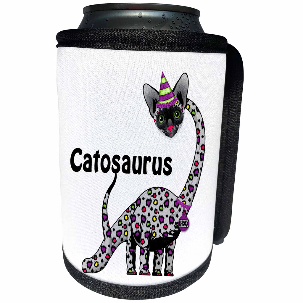 3dRose Doreen Erhardt Kids Collection - Catasaurus Rex Kids Birthday with Colorful Spots and Cat Face - Can Cooler Bottle Wrap (cc_244699)