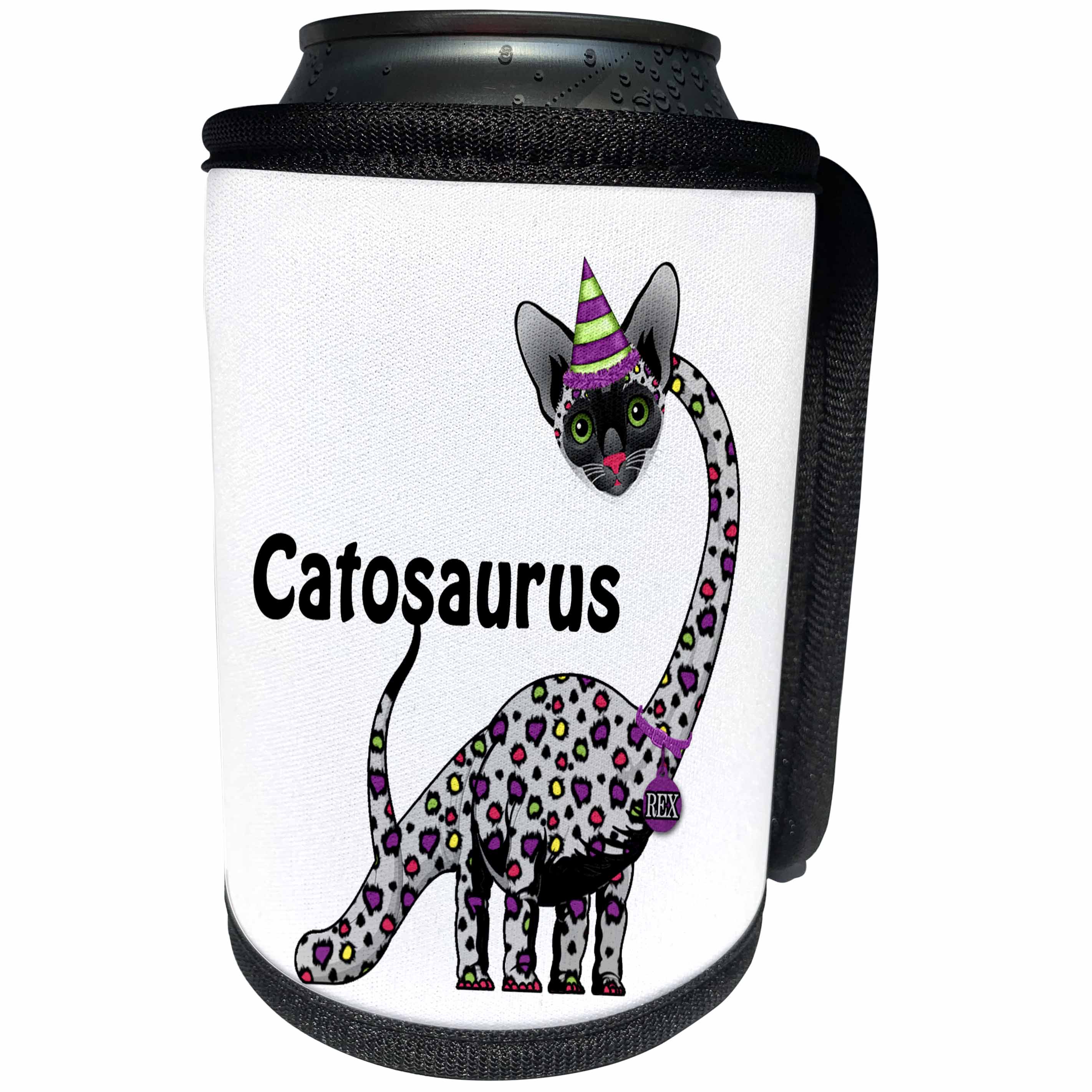 3dRose Doreen Erhardt Kids Collection - Catasaurus Rex Kids Birthday with Colorful Spots and Cat Face - Can Cooler Bottle Wrap (cc_244699)