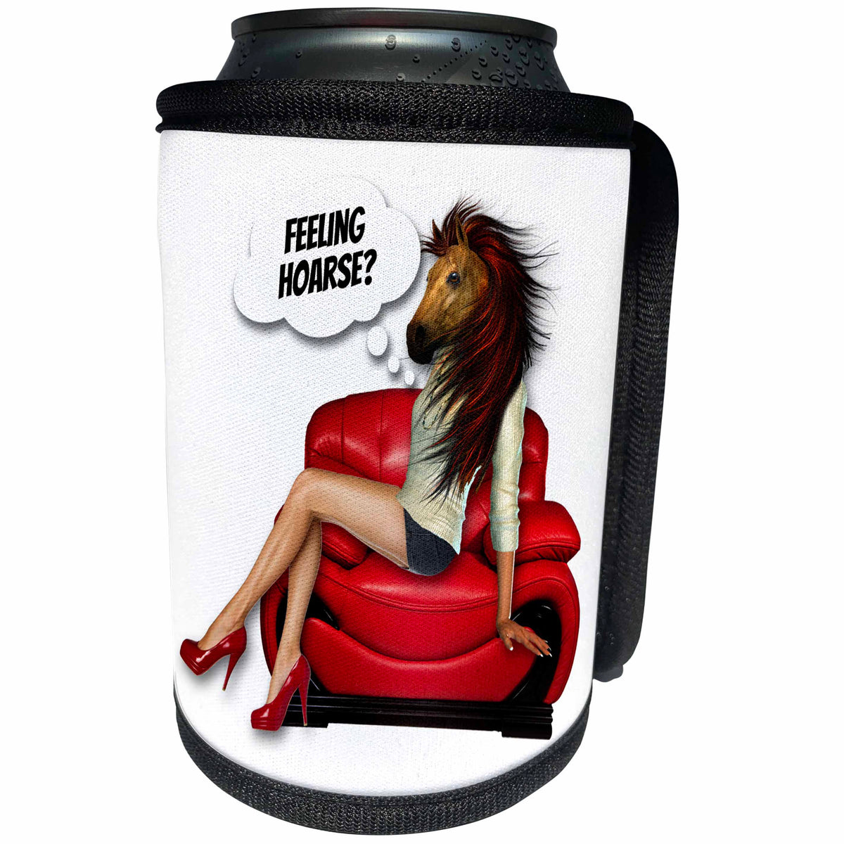 3dRose Doreen Erhardt Horses - Funny Feeling Hoarse Play on Words Get Well Woman with Horse Head - Can Cooler Bottle Wrap (cc_244700)