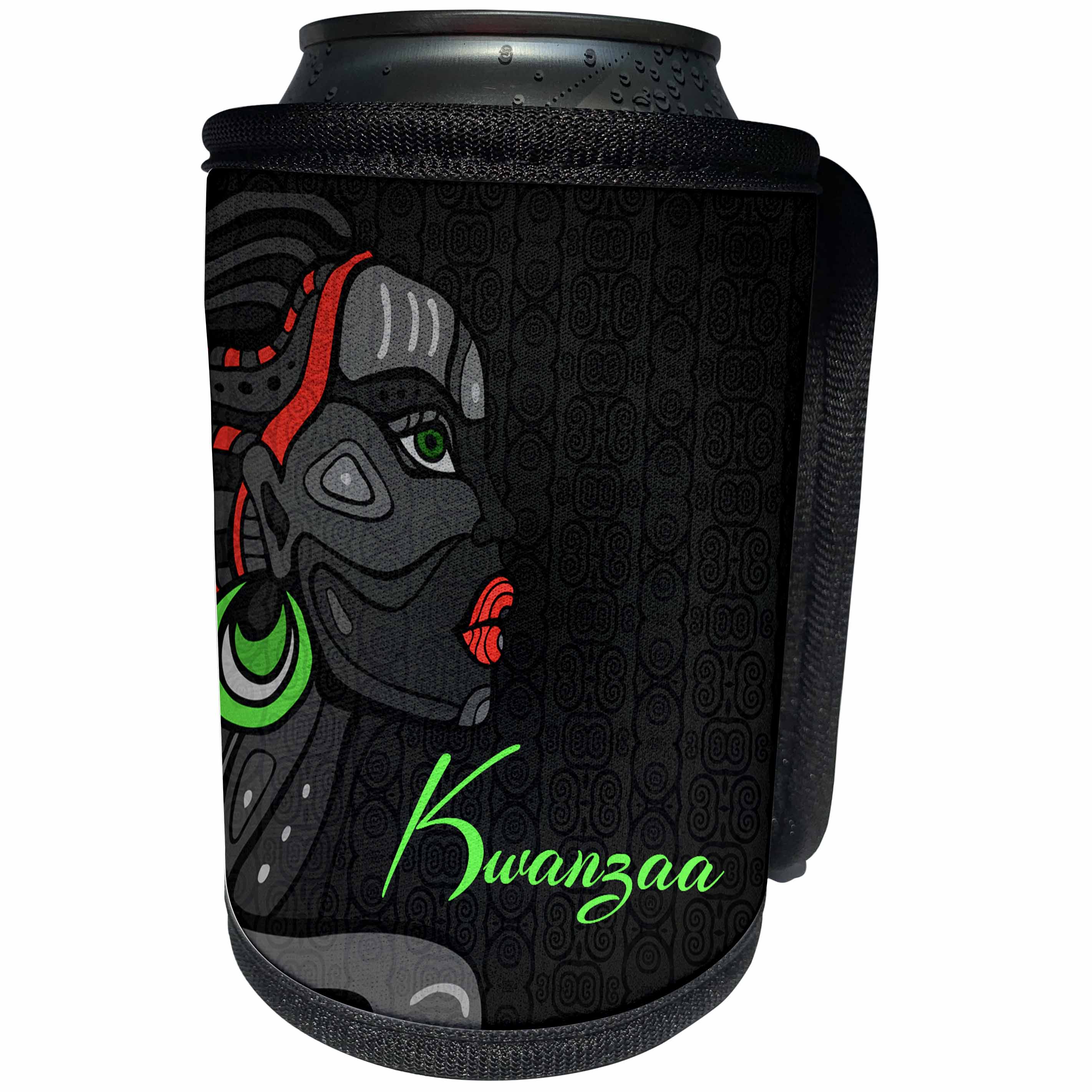 3dRose Doreen Erhardt Kwanzaa - Kwanzaa in Black Red and Green with African American Woman - Can Cooler Bottle Wrap (cc_244702)
