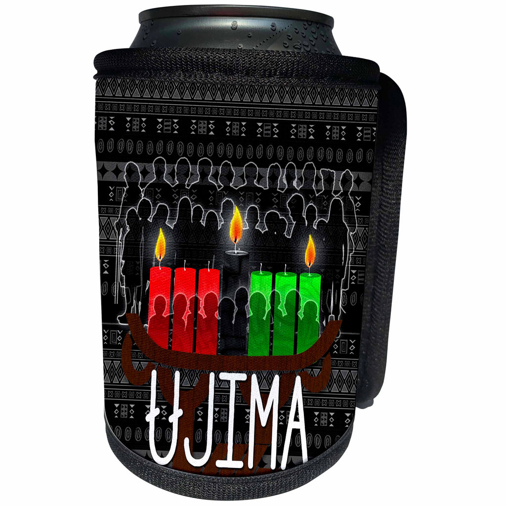 3dRose Doreen Erhardt Kwanzaa - Ujima Kwanzaa Day 3 with Kinara Collective Work and Community - Can Cooler Bottle Wrap (cc_244705)