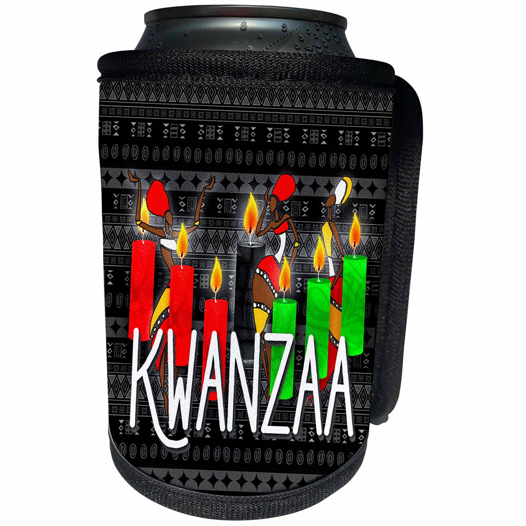 3dRose Doreen Erhardt Kwanzaa - Kwanzaa African American Dancers and Kinara Candles - Can Cooler Bottle Wrap (cc_244707)