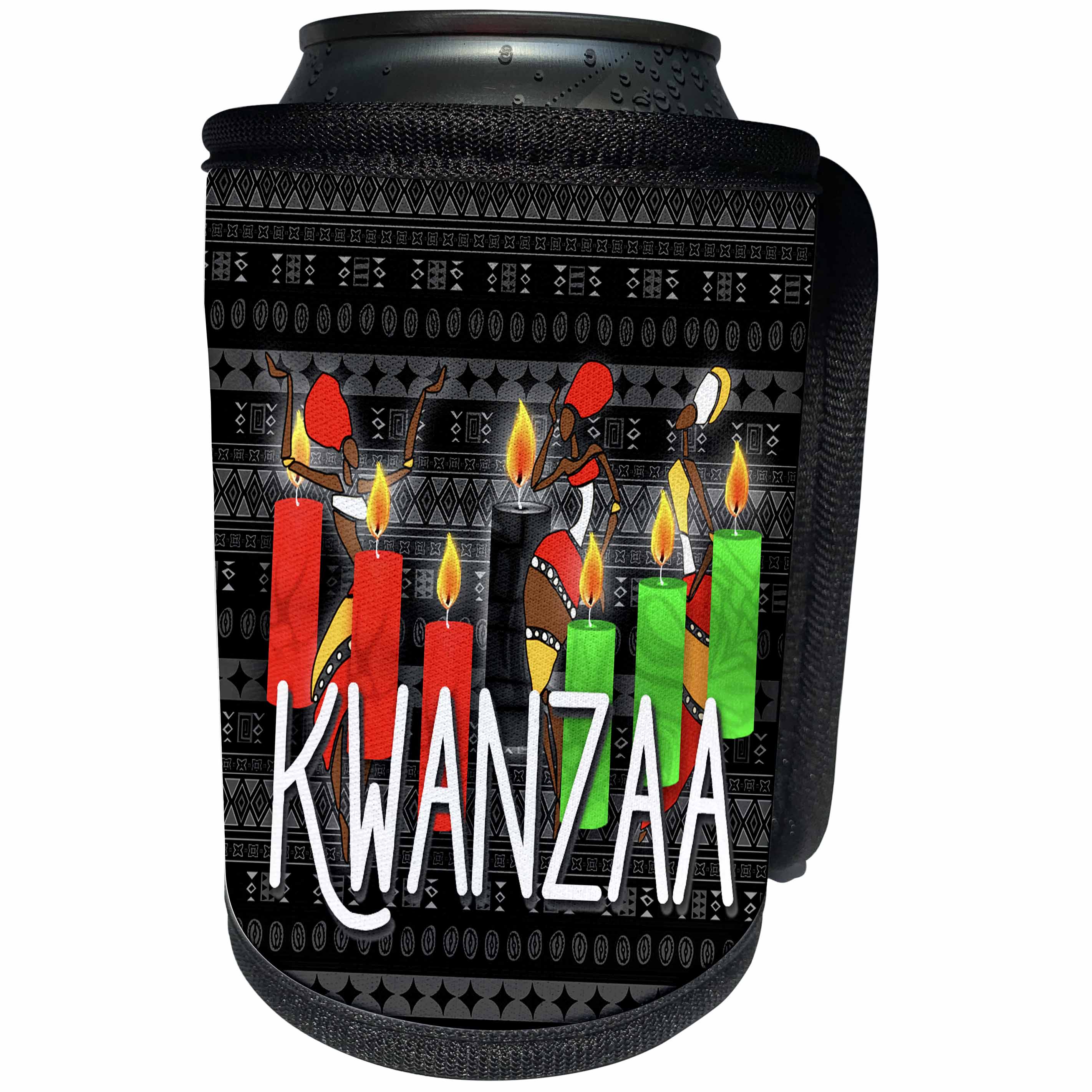 3dRose Doreen Erhardt Kwanzaa - Kwanzaa African American Dancers and Kinara Candles - Can Cooler Bottle Wrap (cc_244707)