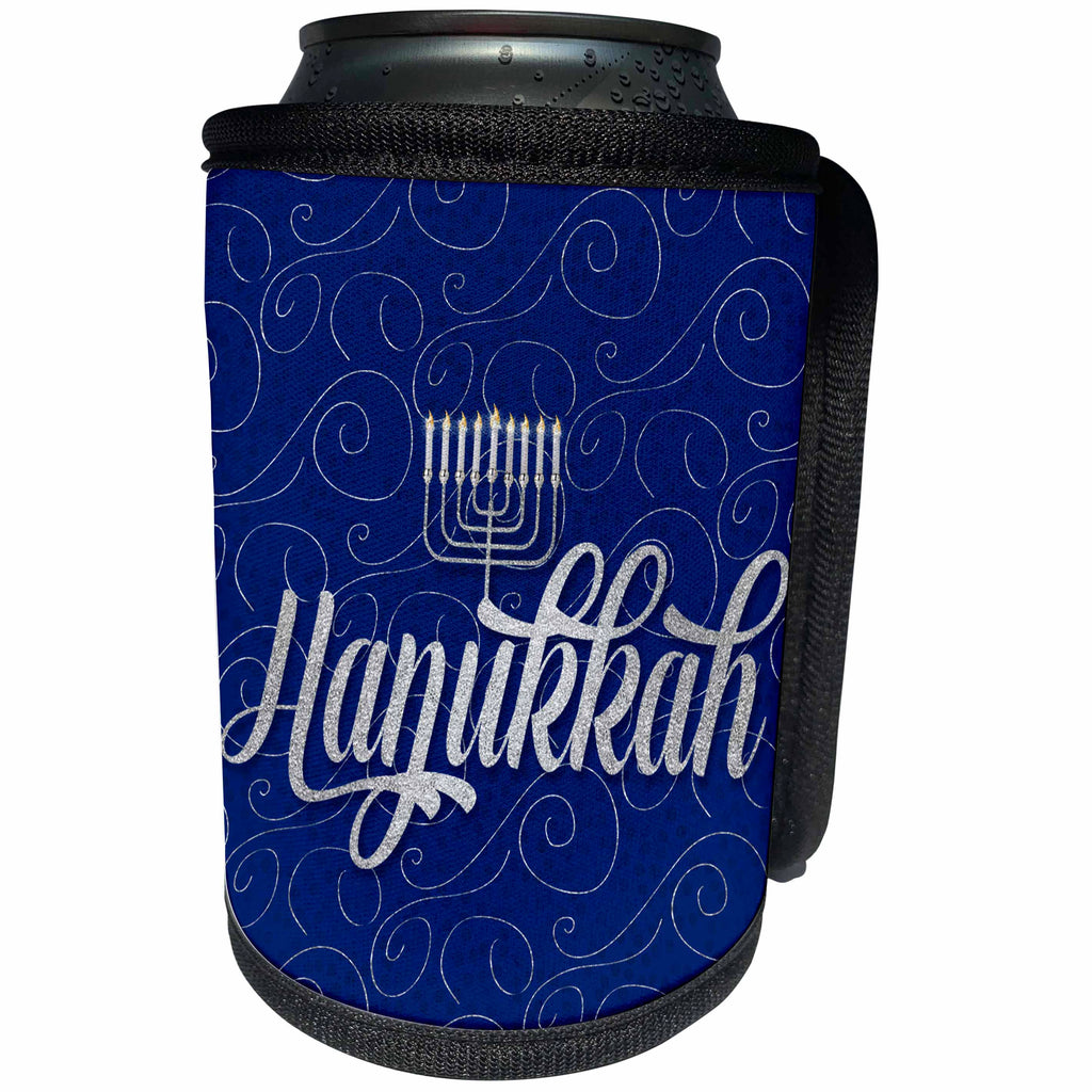 3dRose Doreen Erhardt Hanukkah Collection - Hanukkah with Menorah in Blue and Silver Swirls - Can Cooler Bottle Wrap (cc_244708)