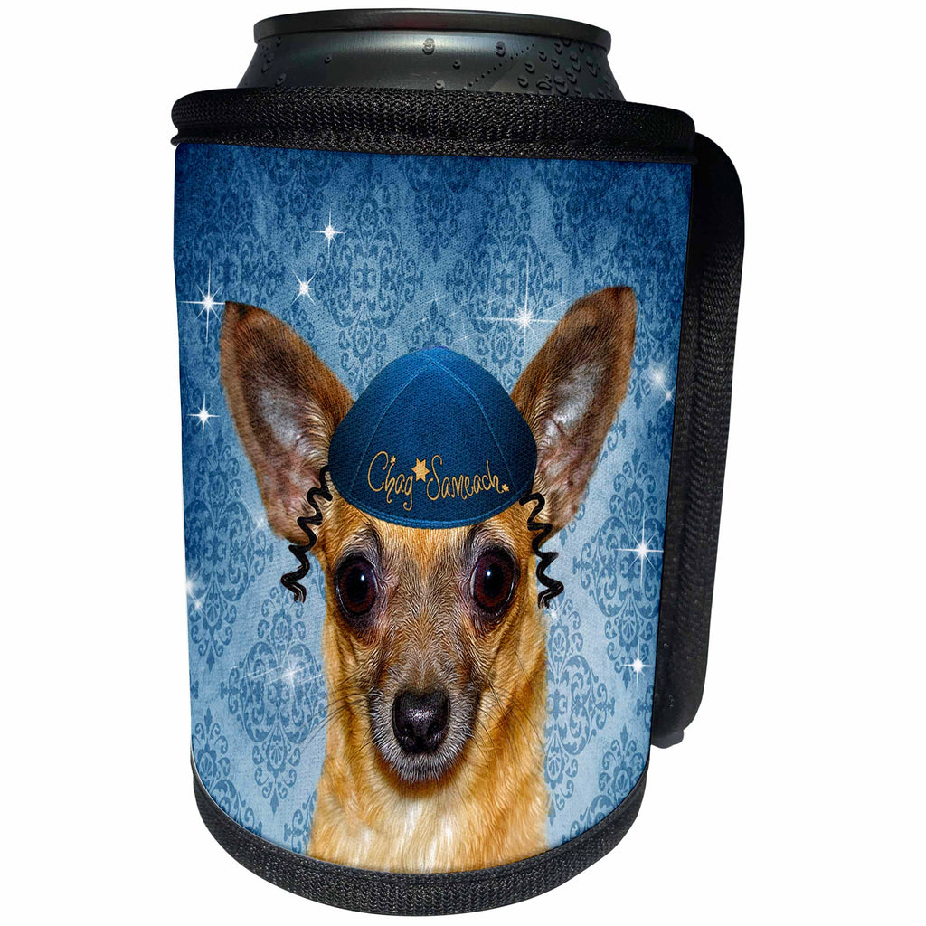 3dRose Doreen Erhardt Hanukkah Collection - Chihuahua in a Yarmulke for Chanukah Funny Dog in Blue - Can Cooler Bottle Wrap (cc_244710)