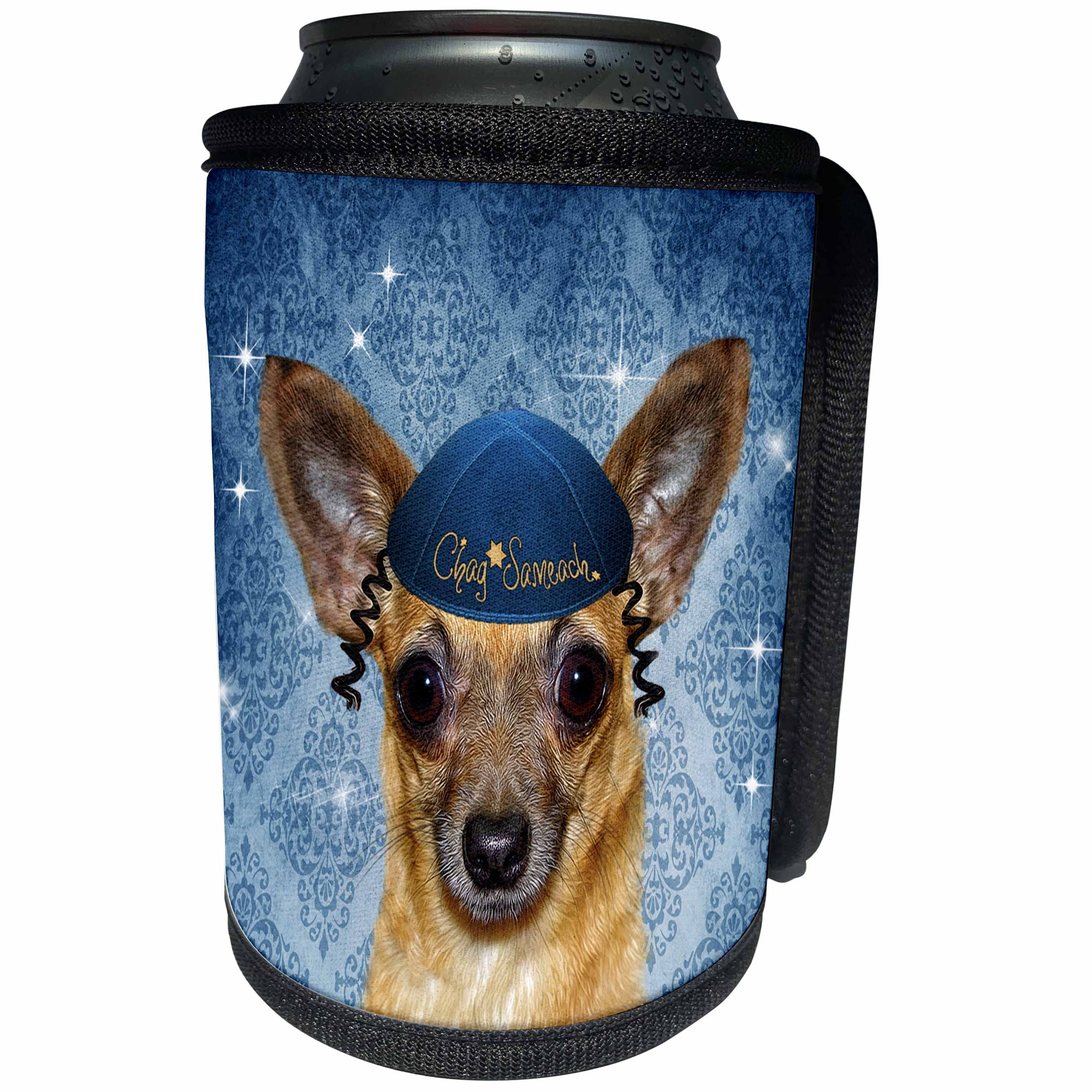 3dRose Doreen Erhardt Hanukkah Collection - Chihuahua in a Yarmulke for Chanukah Funny Dog in Blue - Can Cooler Bottle Wrap (cc_244710)
