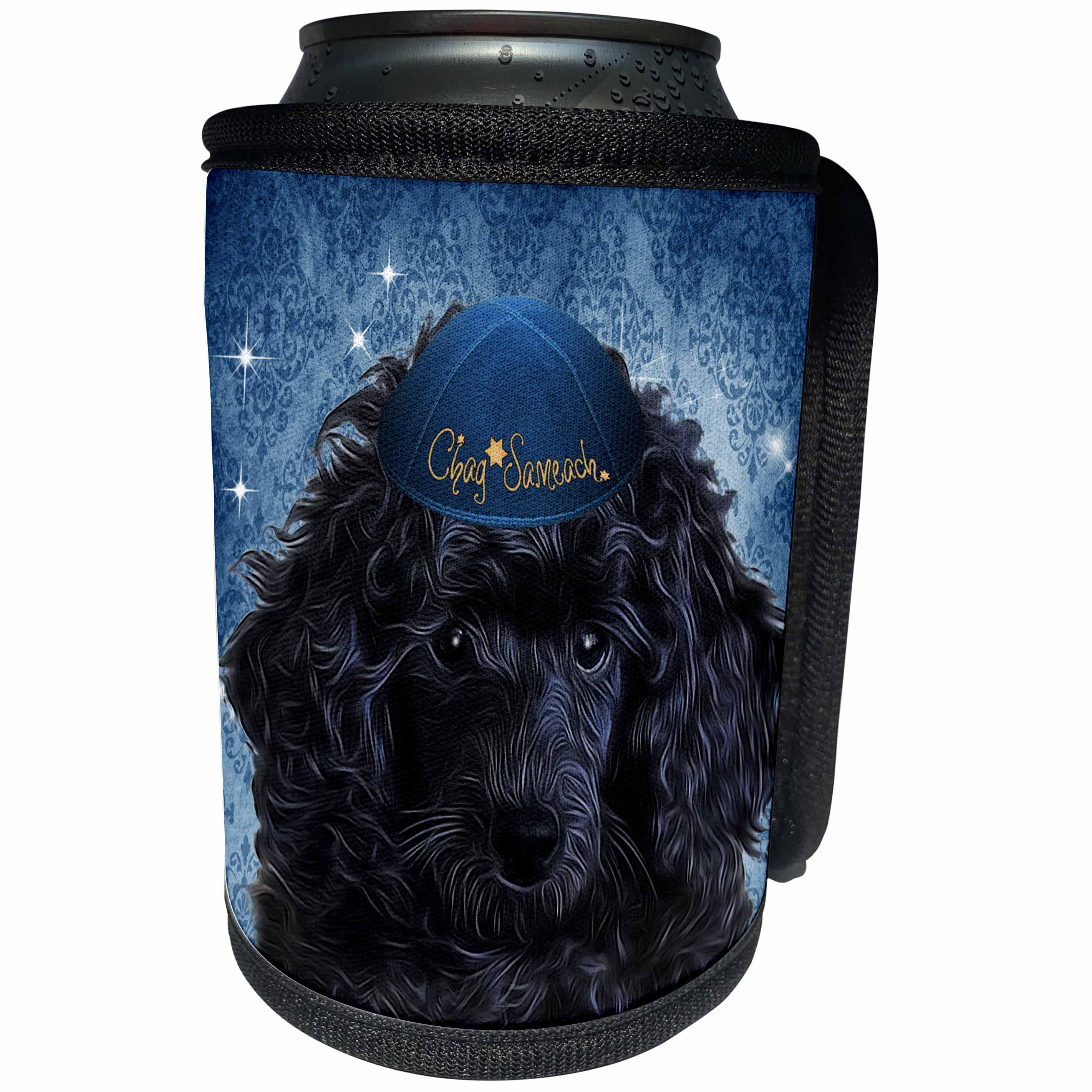 3dRose Doreen Erhardt Hanukkah Collection - Cute Black Toy Poodle Puppy in a Yamaka for Hanukkah in Blue - Can Cooler Bottle Wrap (cc_244711)