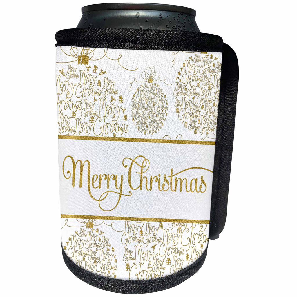 3dRose Doreen Erhardt Christmas Collection - Faux Gold Leaf Merry Christmas with Word Art Ornaments on White - Can Cooler Bottle Wrap (cc_244712)