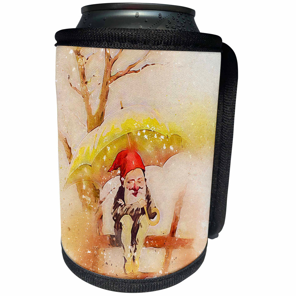 3dRose Can Cooler Bottle Wrap - Doreen Erhardt Autumn - Vintage Gnome on Fence with Umbrella