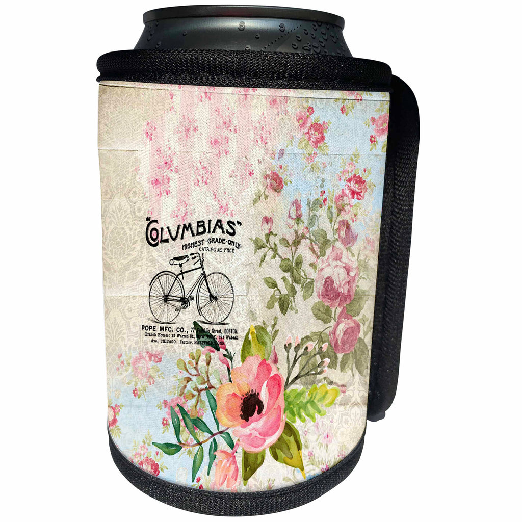 3dRose Carsten Reisinger - Illustrations - Bicycles Vintage Floral Illustration Flowers - Can Cooler Bottle Wrap (cc_244727)